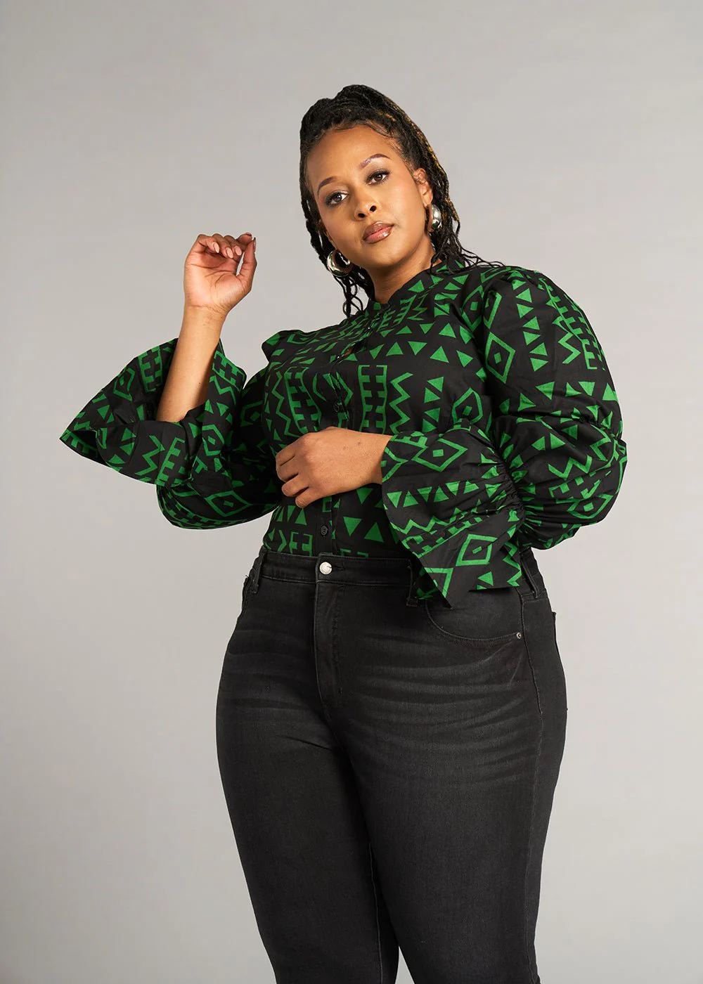 Amari Women's African Print Button-Up Top (Moss Black Geometric) - Image 7