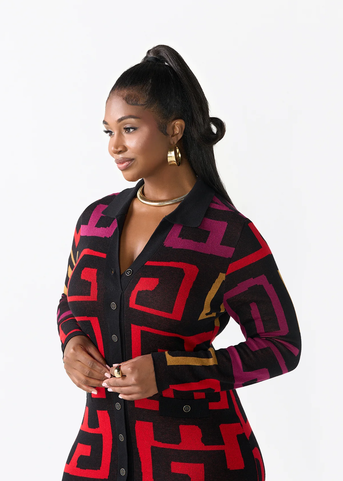 Anele Women's African Print Button-Up Sweater Dress (Black Berry Kuba) - Image 2