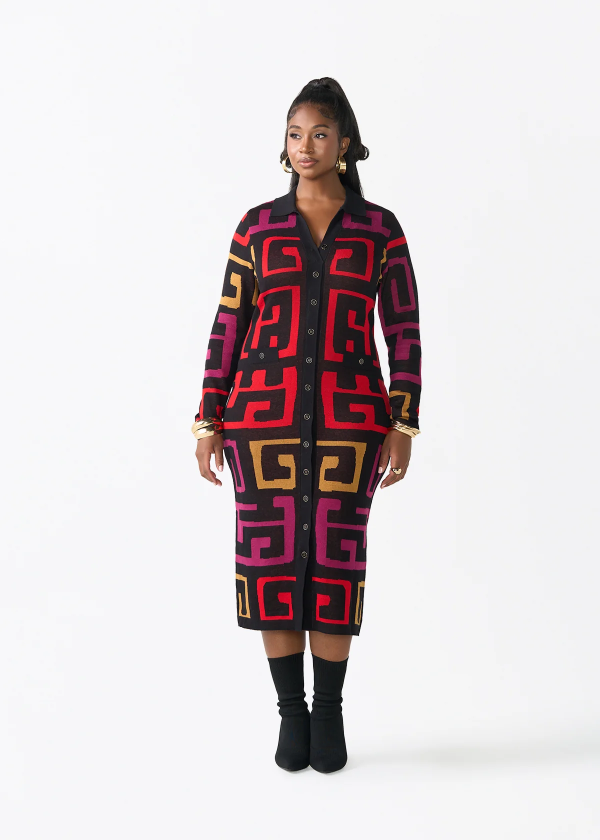 Anele Women's African Print Button-Up Sweater Dress (Black Berry Kuba) - Image 3