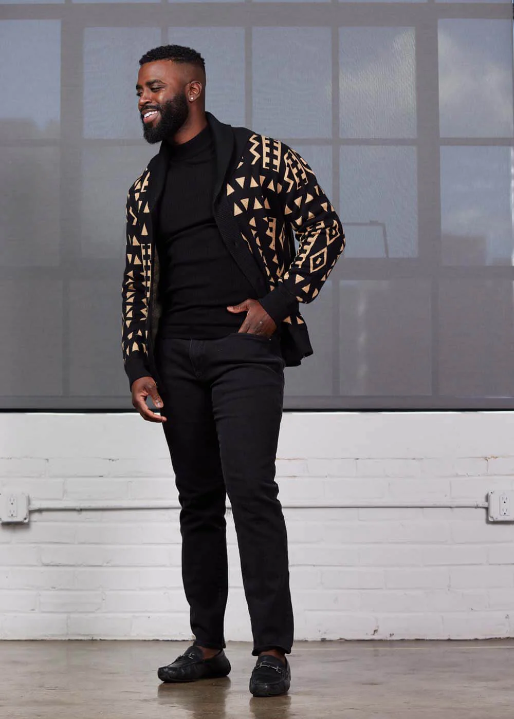 Aren African Print Button-Up Cardigan Sweater (Tan Black Tribal) - Image 2