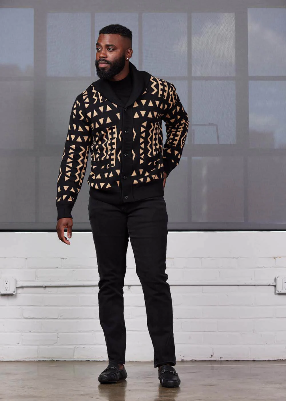 Aren African Print Button-Up Cardigan Sweater (Tan Black Tribal) - Image 3