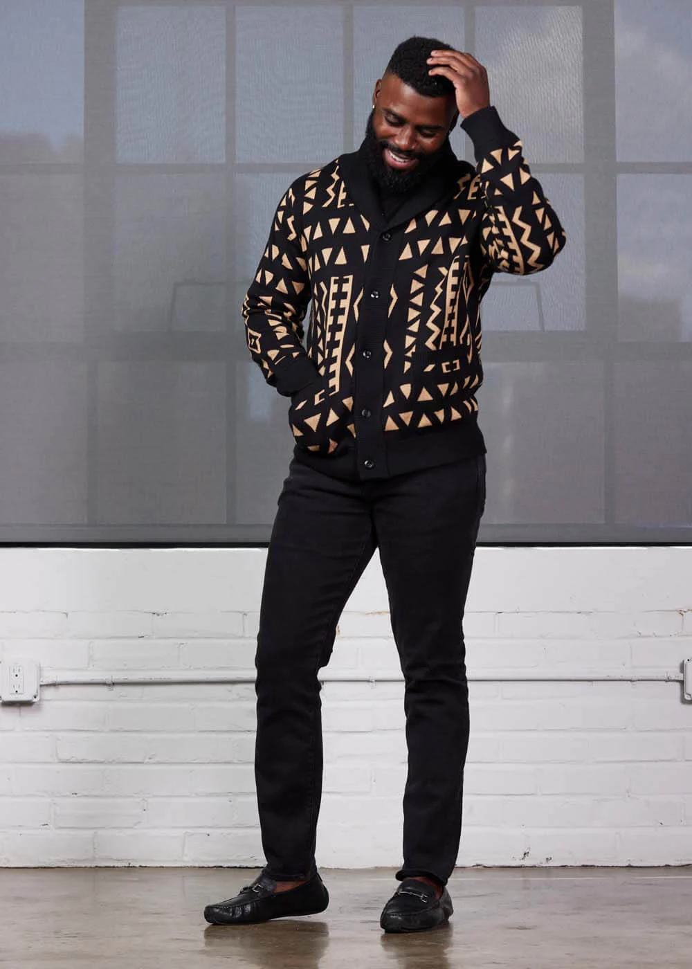 Aren African Print Button-Up Cardigan Sweater (Tan Black Tribal) - Image 4