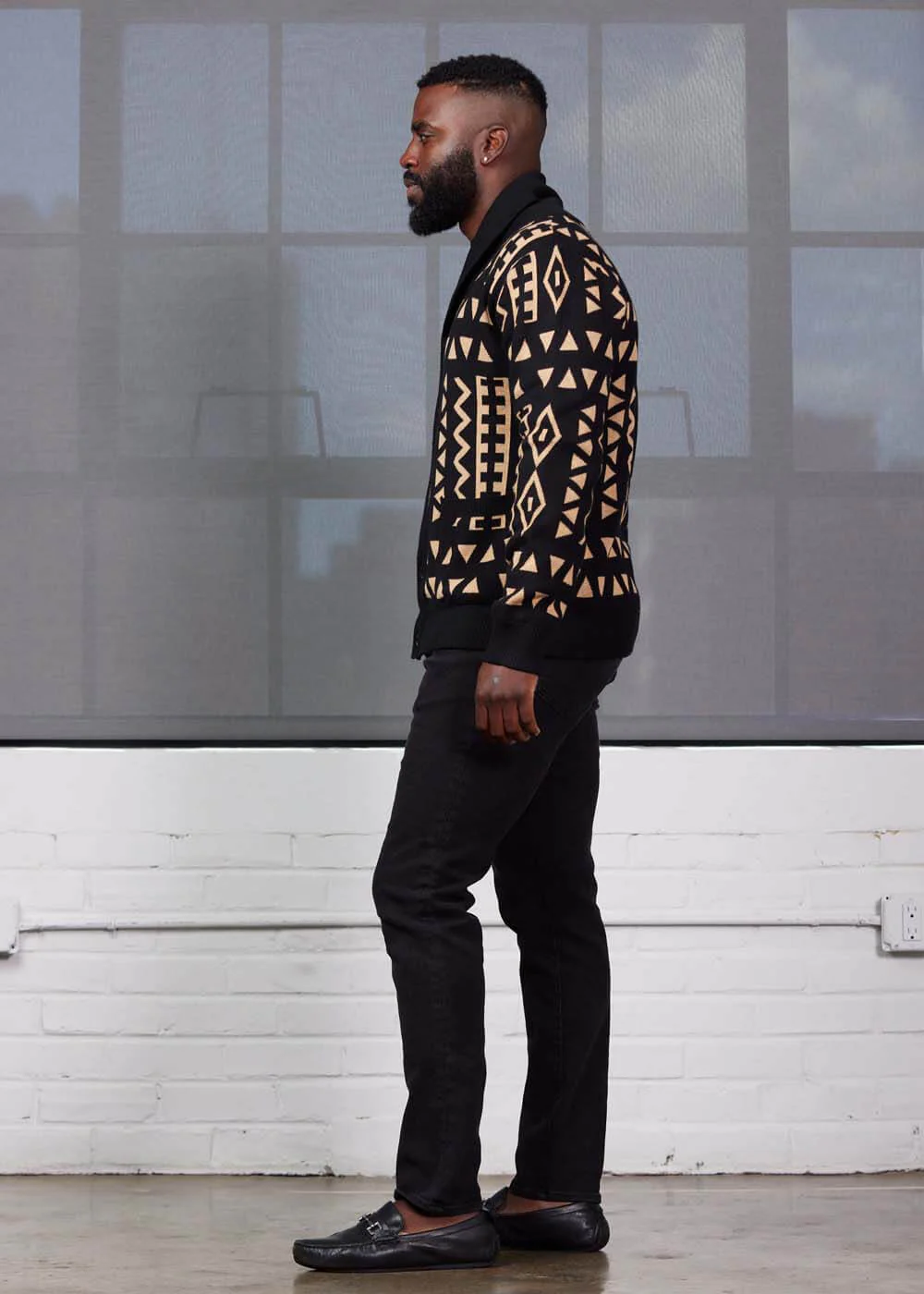 Aren African Print Button-Up Cardigan Sweater (Tan Black Tribal) - Image 6