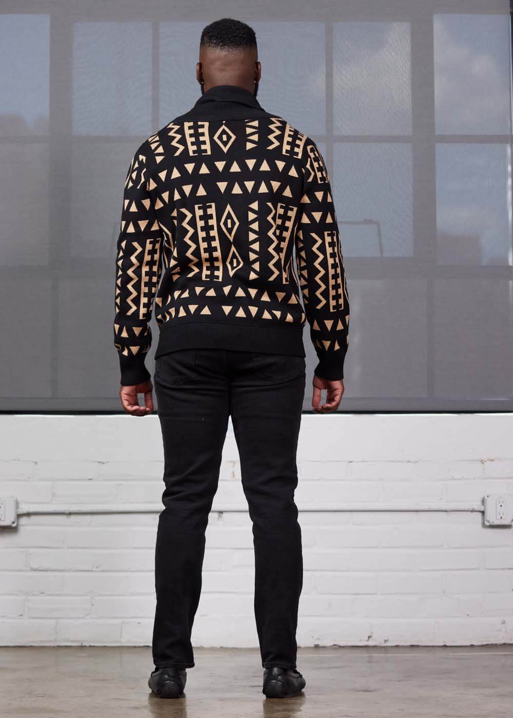 Aren African Print Button-Up Cardigan Sweater (Tan Black Tribal) - Image 7