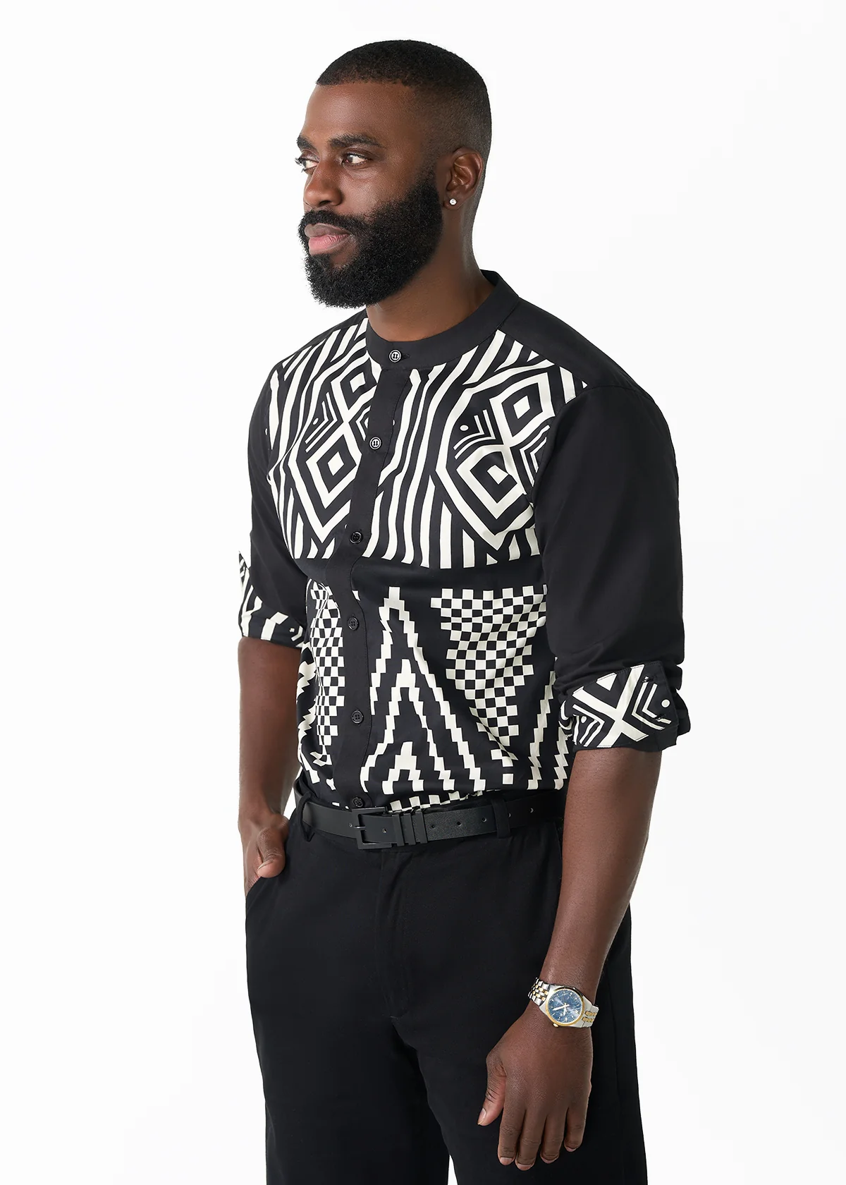 Arno Men's African Print Mandarin Button-up Shirt (Black Cream Tribal) - Clearance
