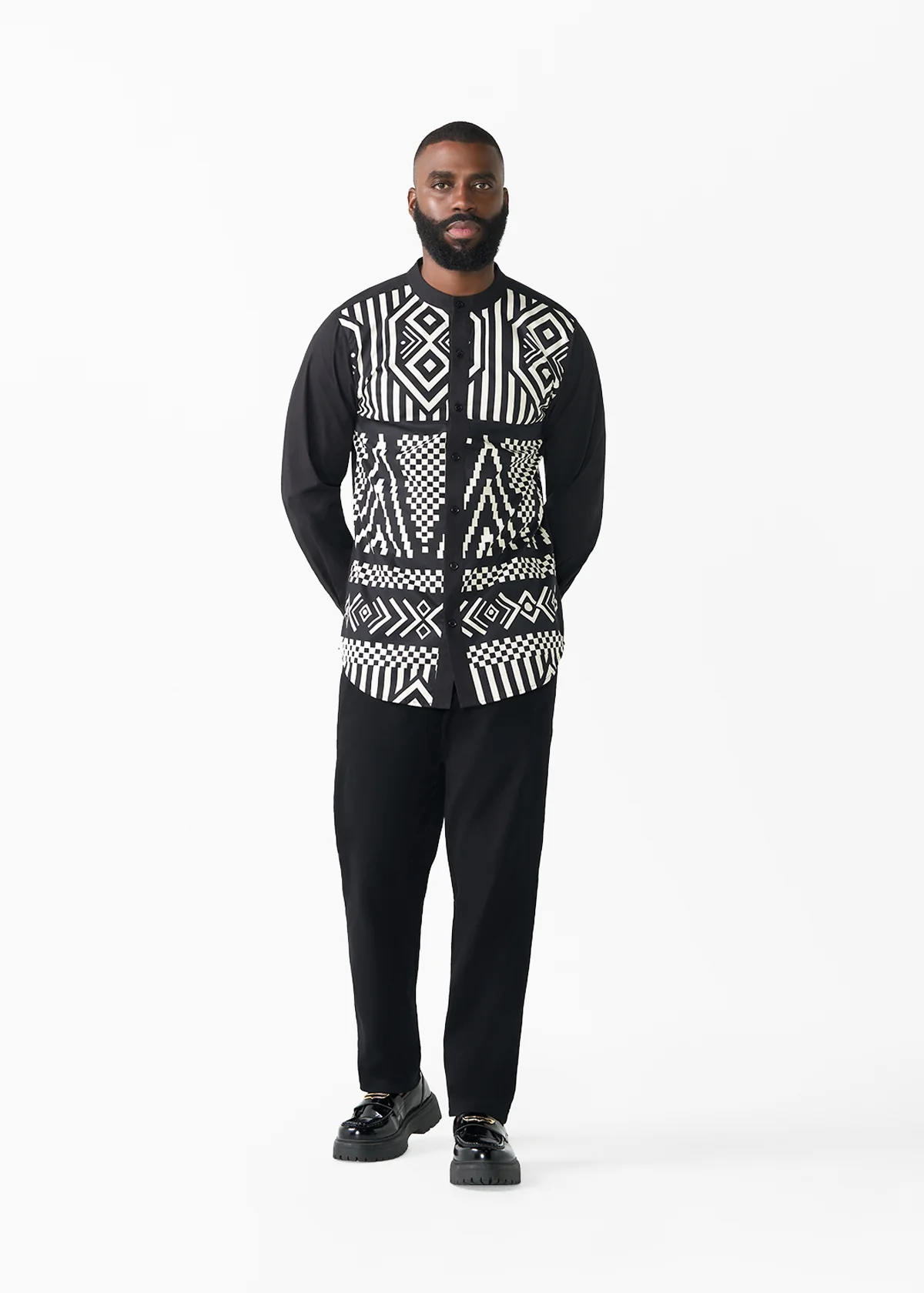 Arno Men's African Print Mandarin Button-up Shirt (Black Cream Tribal) - Clearance - Image 2