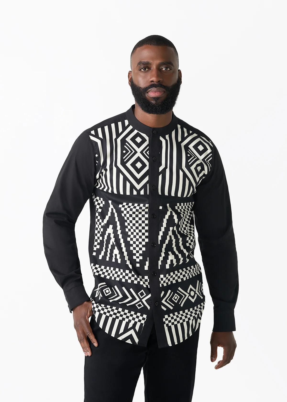 Arno Men's African Print Mandarin Button-up Shirt (Black Cream Tribal) - Clearance - Image 3