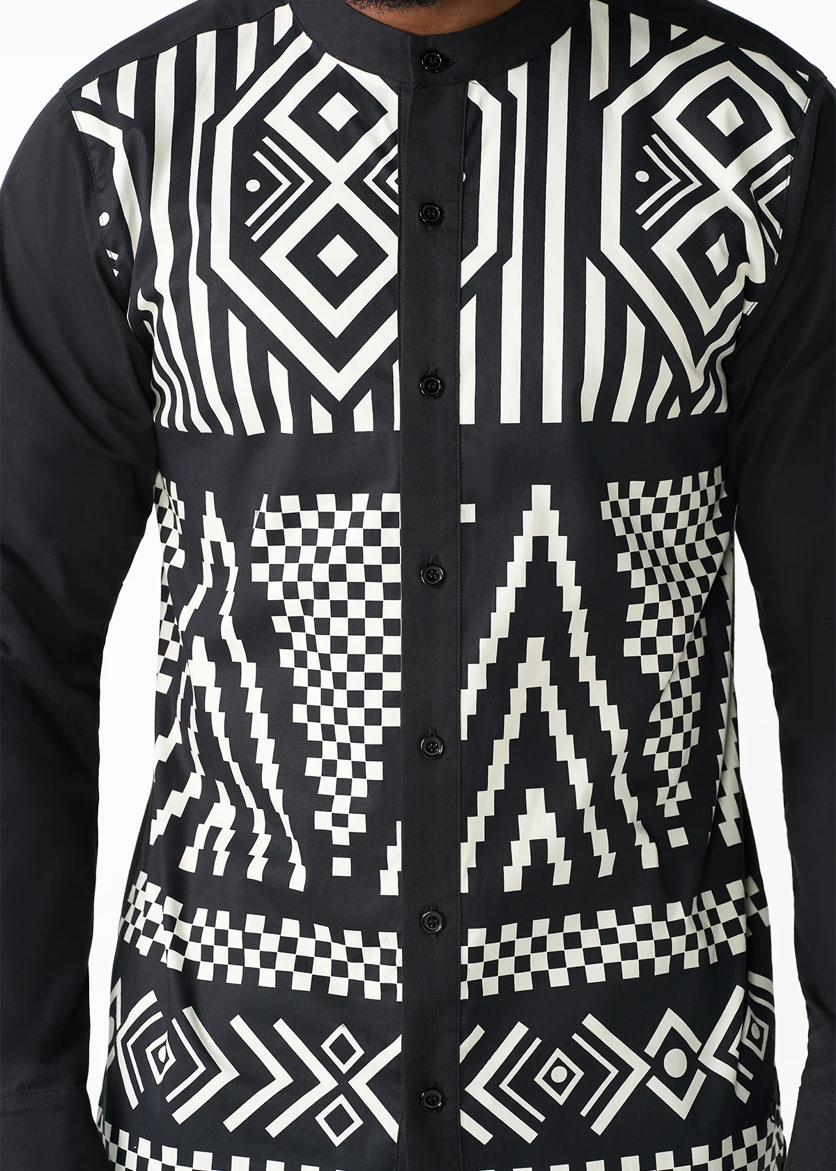 Arno Men's African Print Mandarin Button-up Shirt (Black Cream Tribal) - Clearance - Image 5