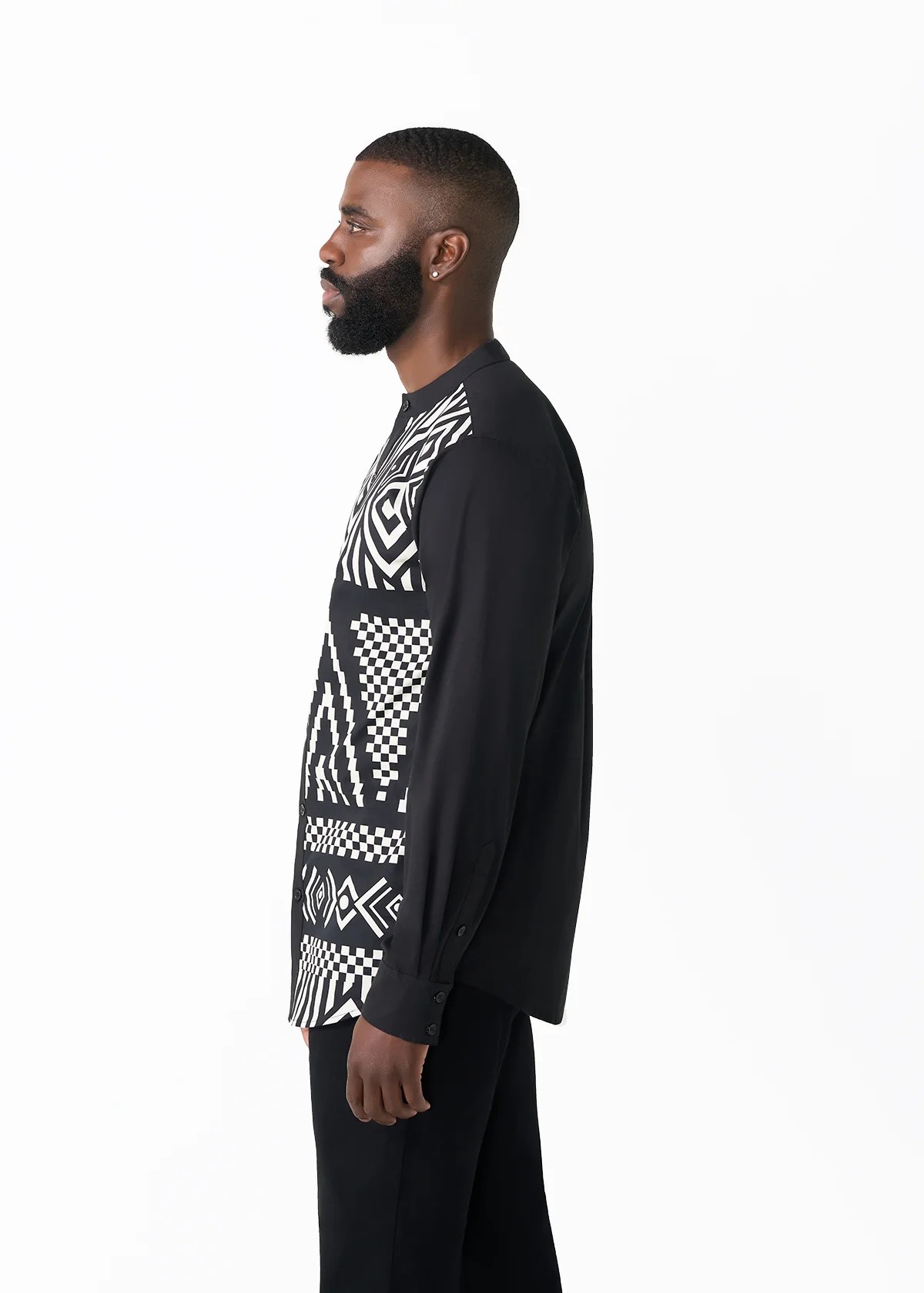 Arno Men's African Print Mandarin Button-up Shirt (Black Cream Tribal) - Clearance - Image 6