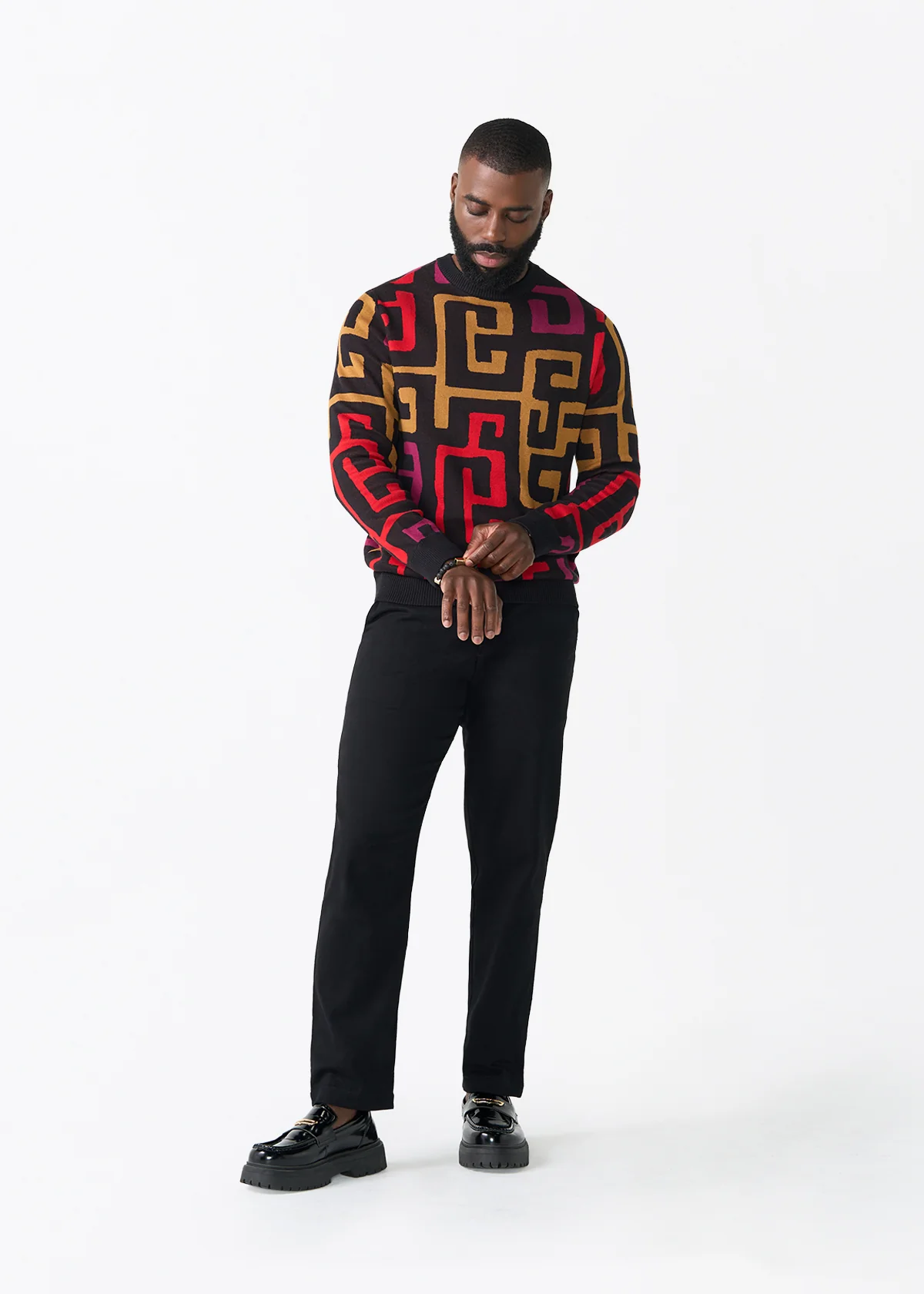 Asaye Men's African Print Crew Neck Sweater (Black Berry Kuba) - Image 3