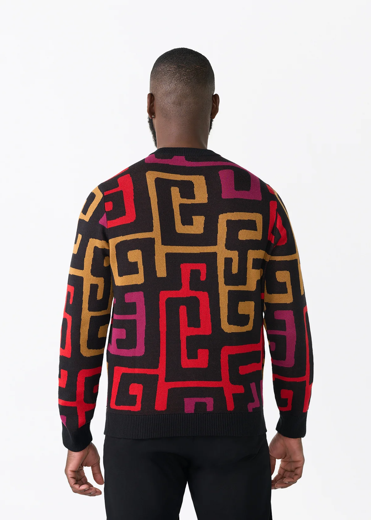 Asaye Men's African Print Crew Neck Sweater (Black Berry Kuba) - Image 4