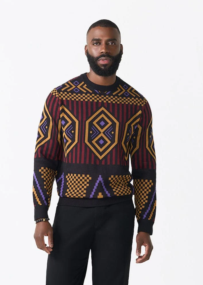 Asaye Men's African Print Crew Neck Sweater (Black Burgundy Tribal)