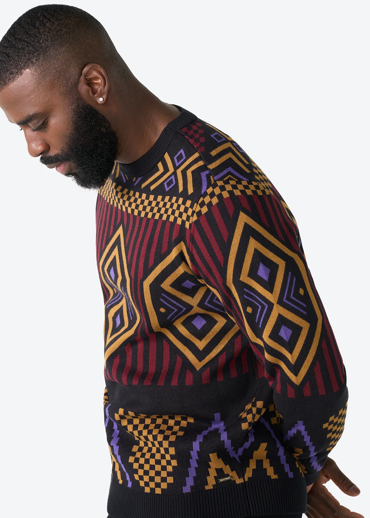 Asaye Men's African Print Crew Neck Sweater (Black Burgundy Tribal) - Image 2