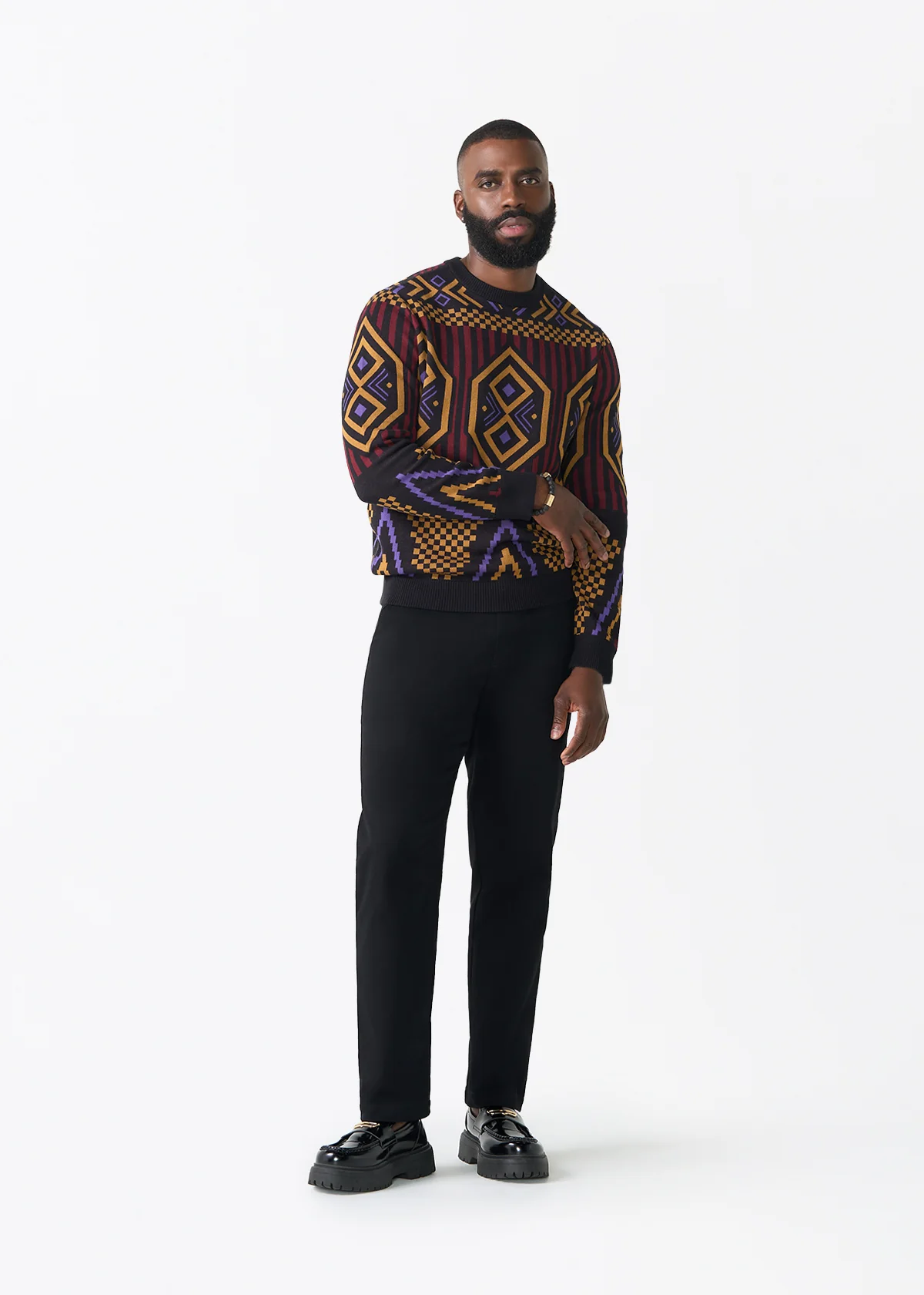 Asaye Men's African Print Crew Neck Sweater (Black Burgundy Tribal) - Image 3