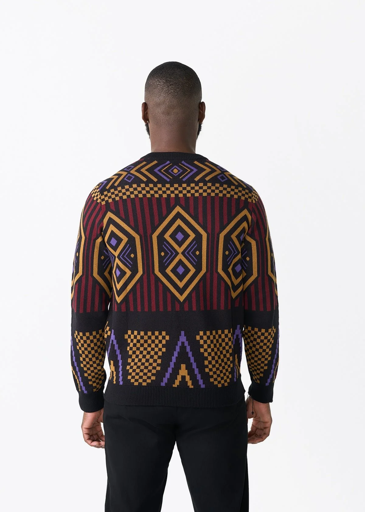 Asaye Men's African Print Crew Neck Sweater (Black Burgundy Tribal) - Image 5