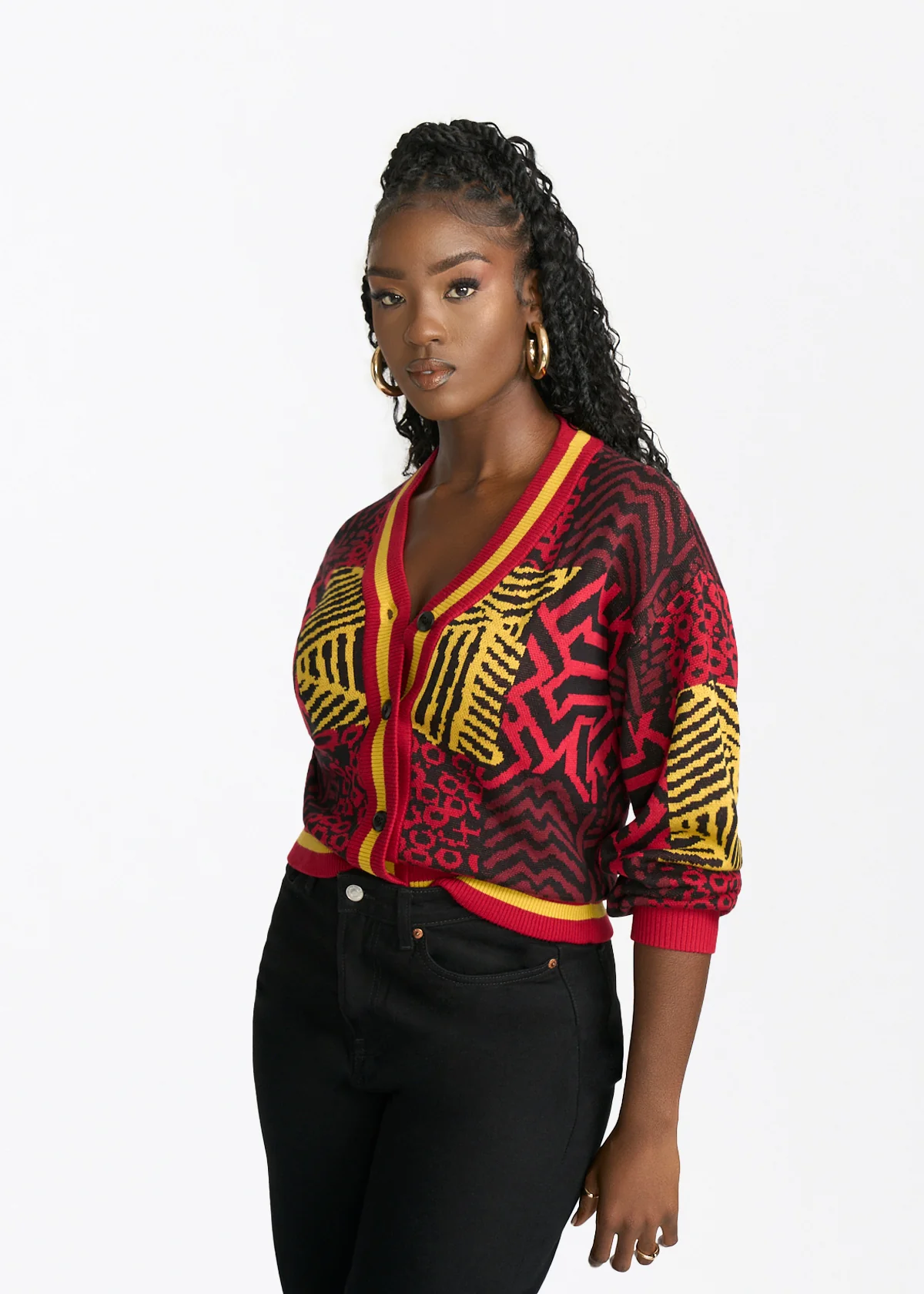 Ayaan Women's African Print Cropped Cardigan (Black Cherry Multipattern) - Image 3