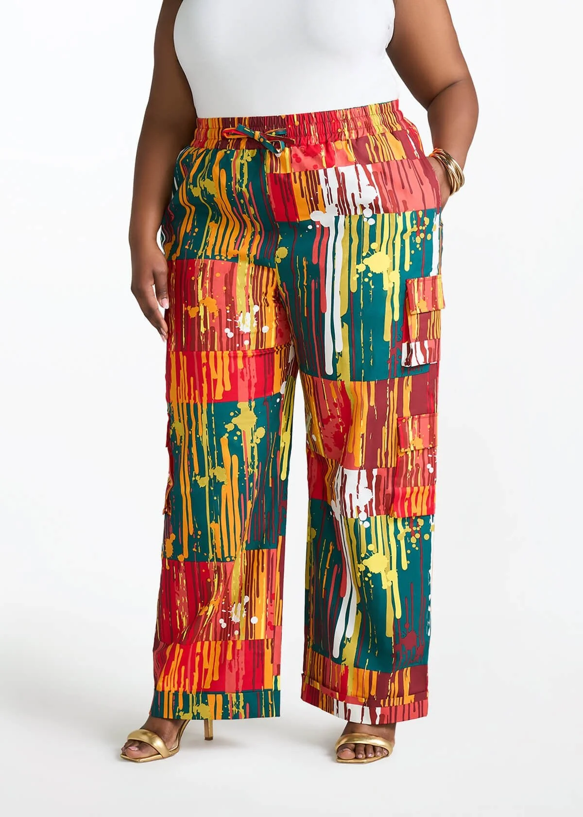 Ayoka Women's African Print Twill Cargo Pants (Forest Paint Splatter)