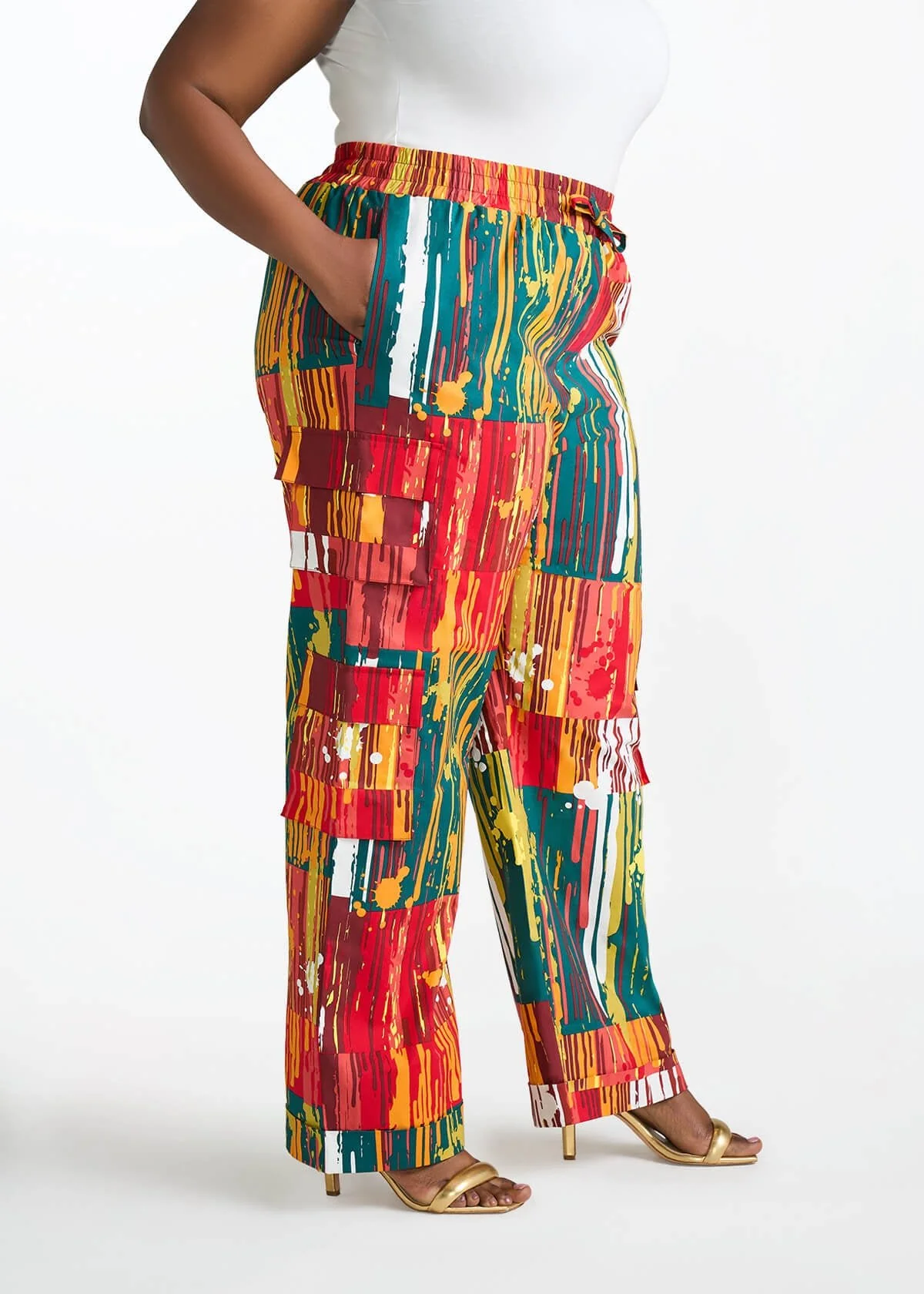 Ayoka Women's African Print Twill Cargo Pants (Forest Paint Splatter) - Image 3