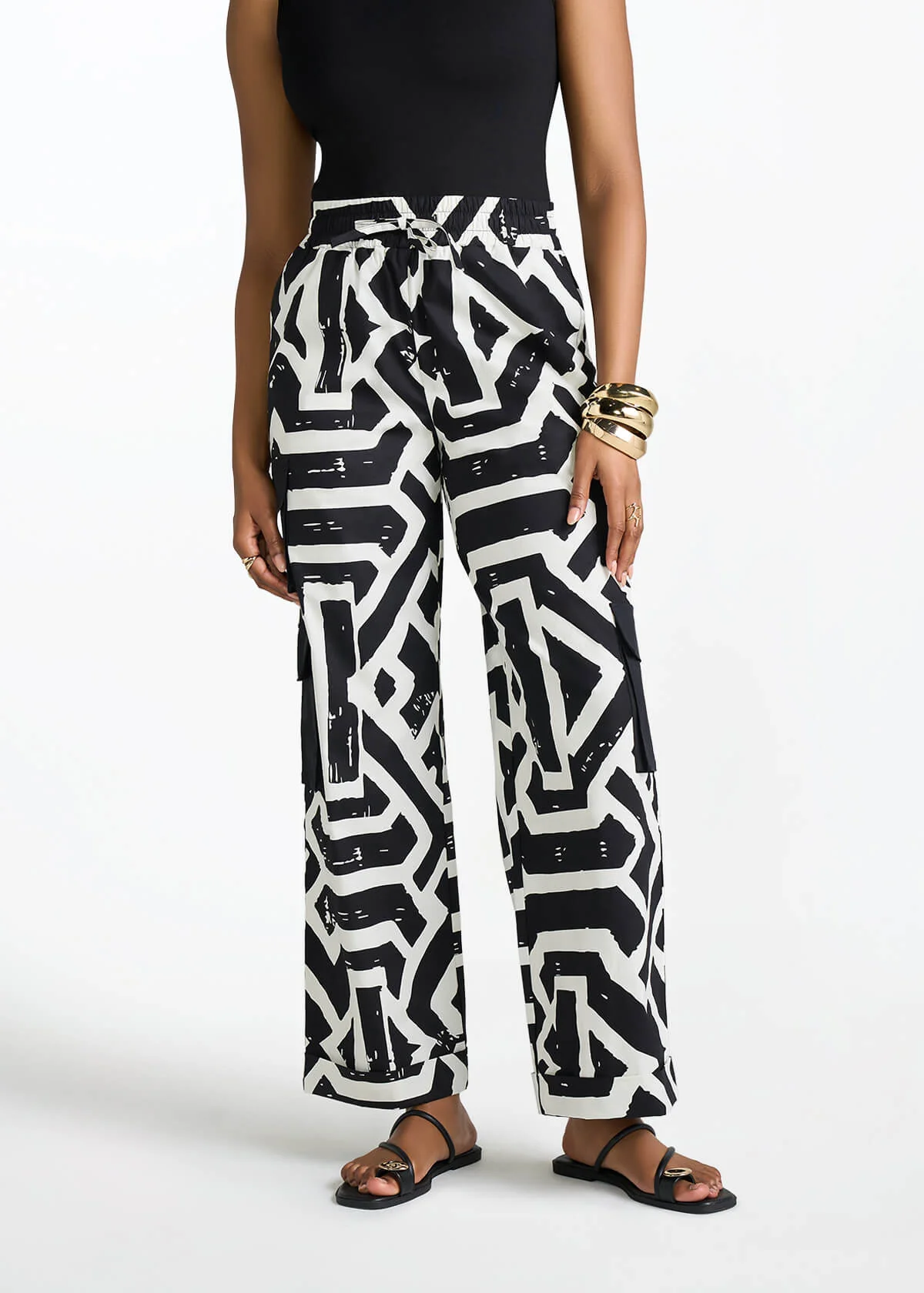 Ayoka Women's African Print Twill Cargo Pants (Onyx Cream Tribal)