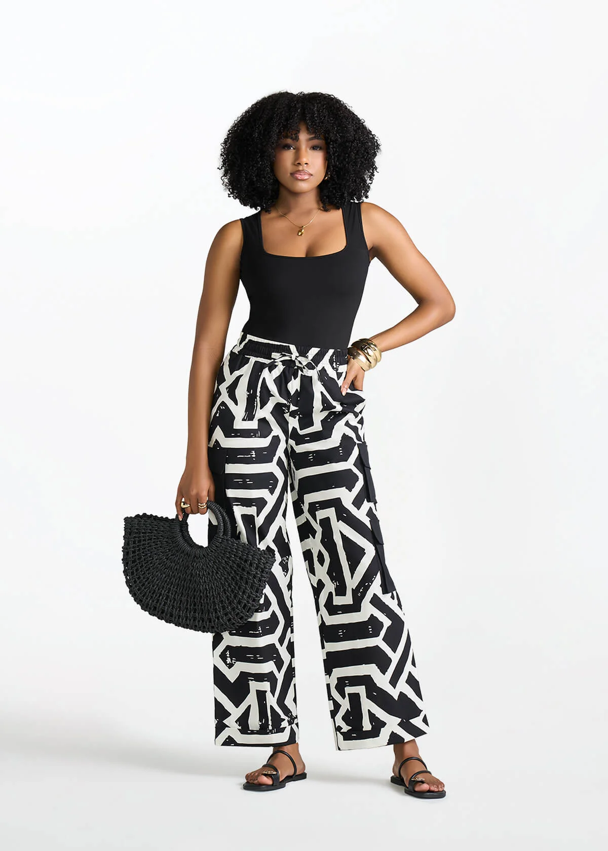 Ayoka Women's African Print Twill Cargo Pants (Onyx Cream Tribal) - Image 2
