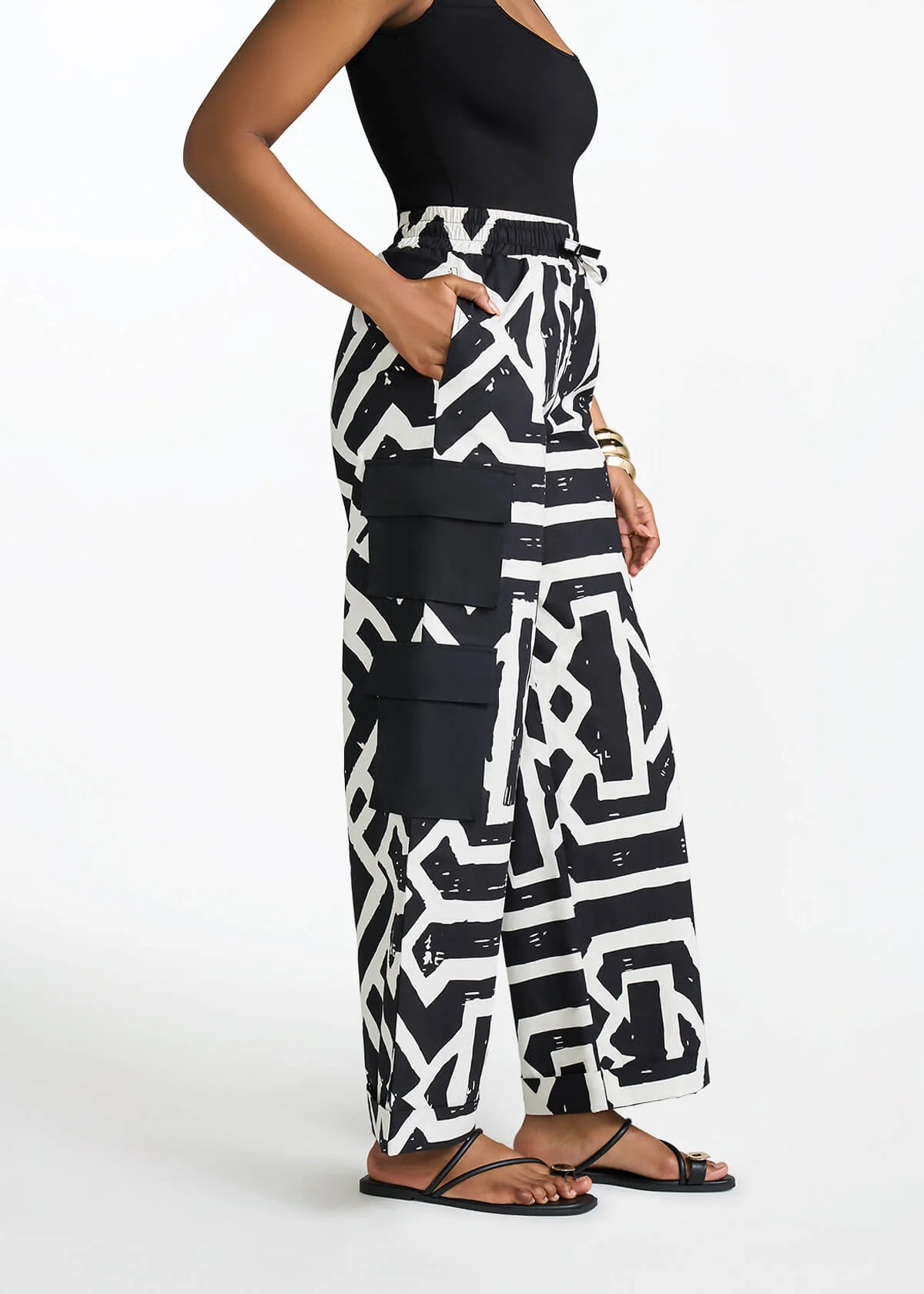 Ayoka Women's African Print Twill Cargo Pants (Onyx Cream Tribal) - Image 3