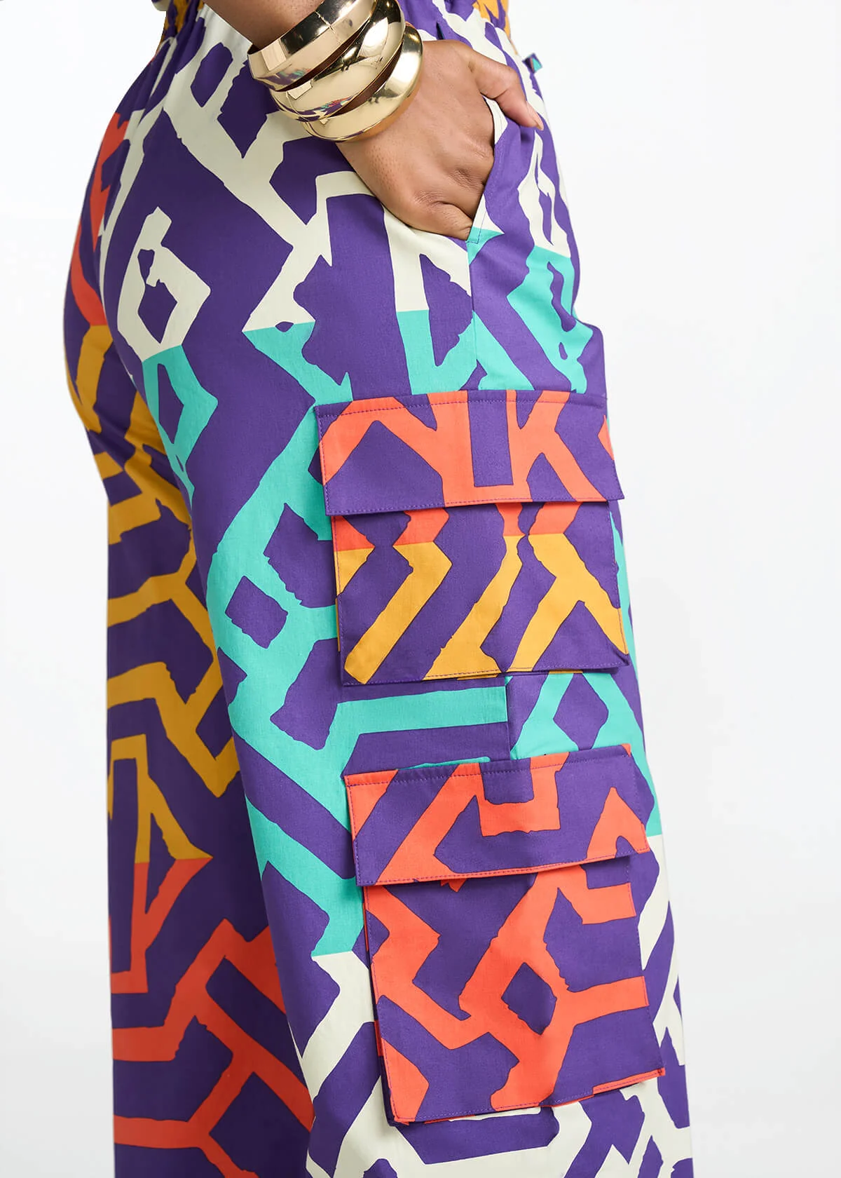 Ayoka Women's African Print Twill Cargo Pants (Purple Multicolor Tribal) - Image 5