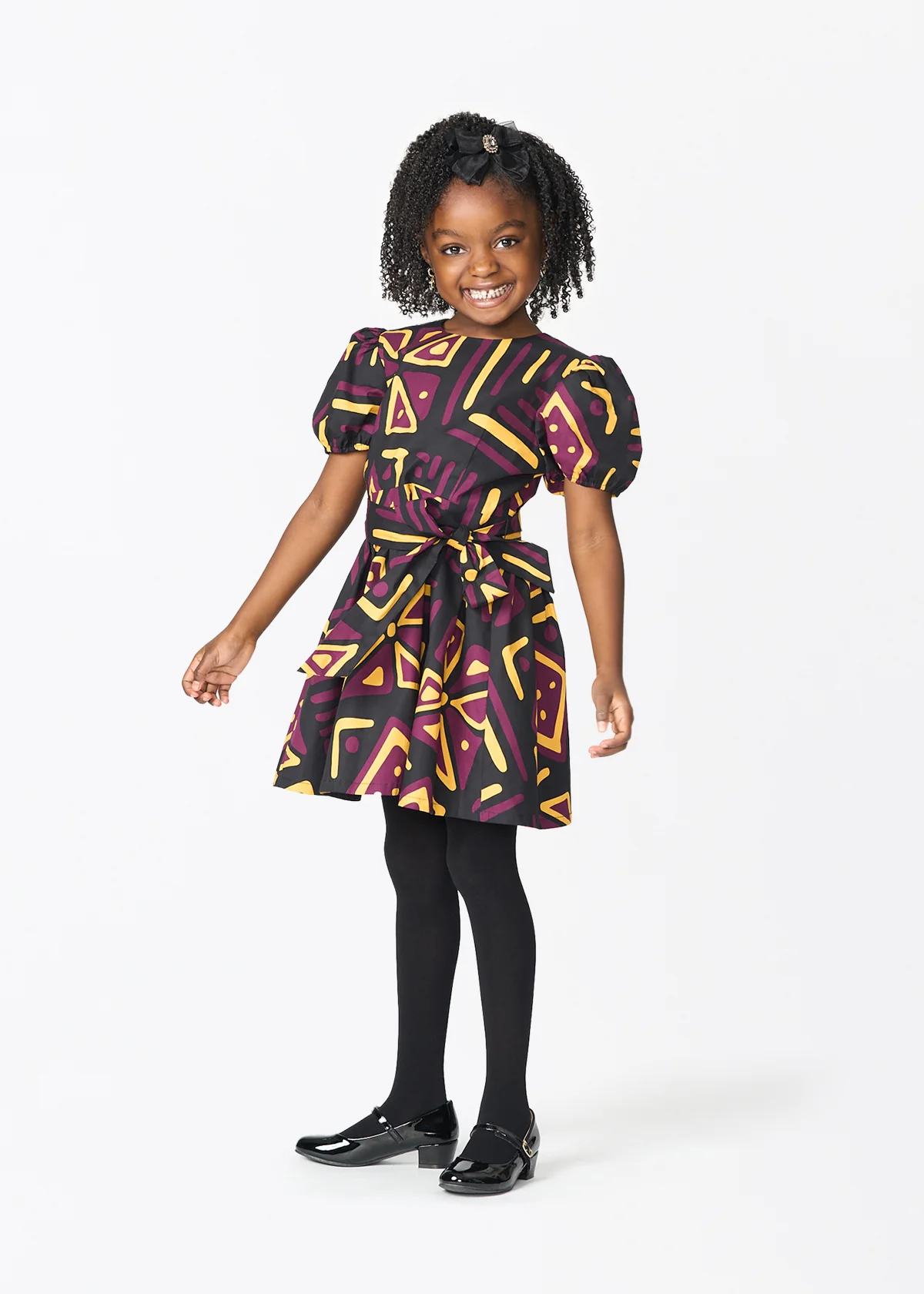 Banela Girl's African Print Dress (Plum Black Tribal) - Image 3