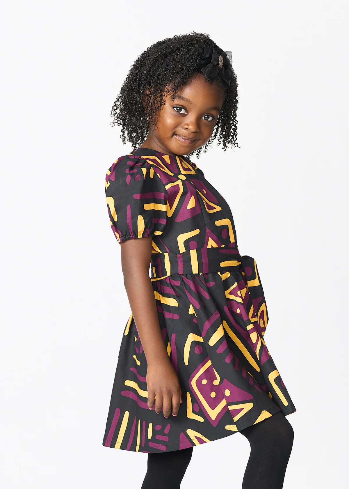 Banela Girl's African Print Dress (Plum Black Tribal) - Image 4