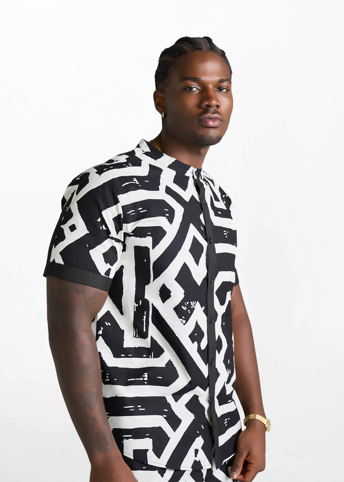 Bolaji Men's African Print Mandarin Button-Up Shirt (Onyx Cream Tribal) - Image 3