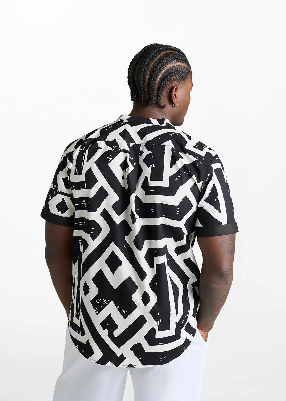 Bolaji Men's African Print Mandarin Button-Up Shirt (Onyx Cream Tribal) - Image 5
