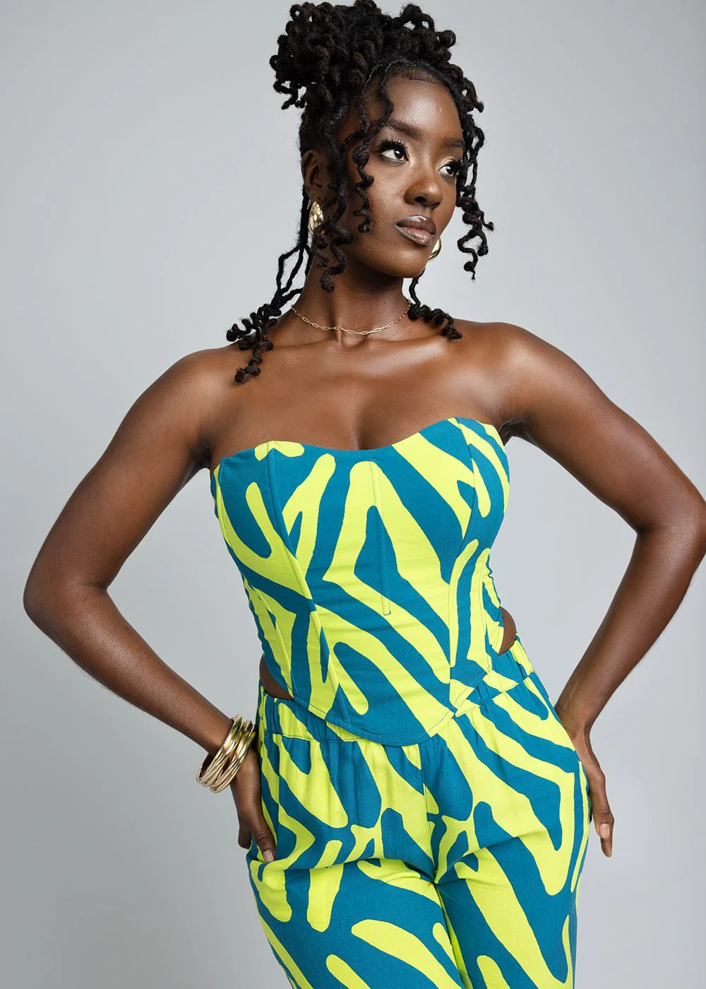 Caimile Women's African Print Stretch Corset (Lime Zebra Abstract) - Image 3