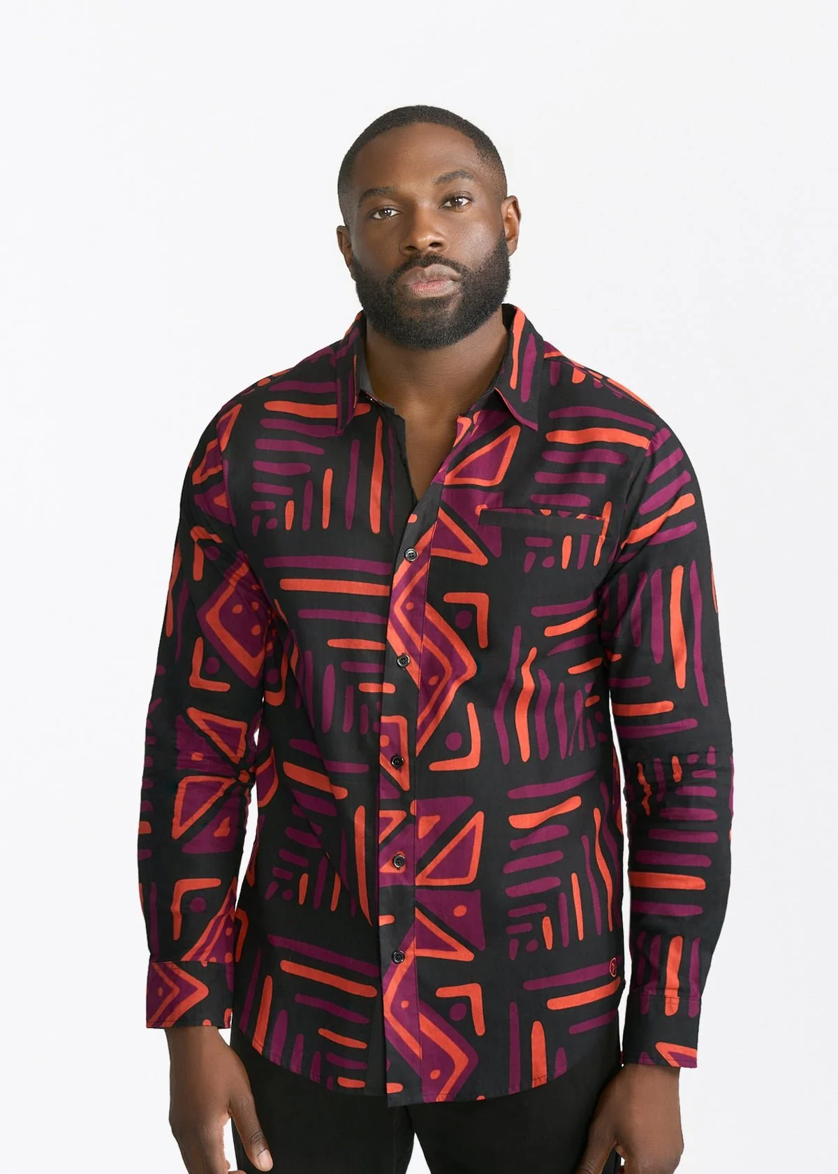 Chane Men's African Print Button-Up Shirt (Black Peach Tribal)