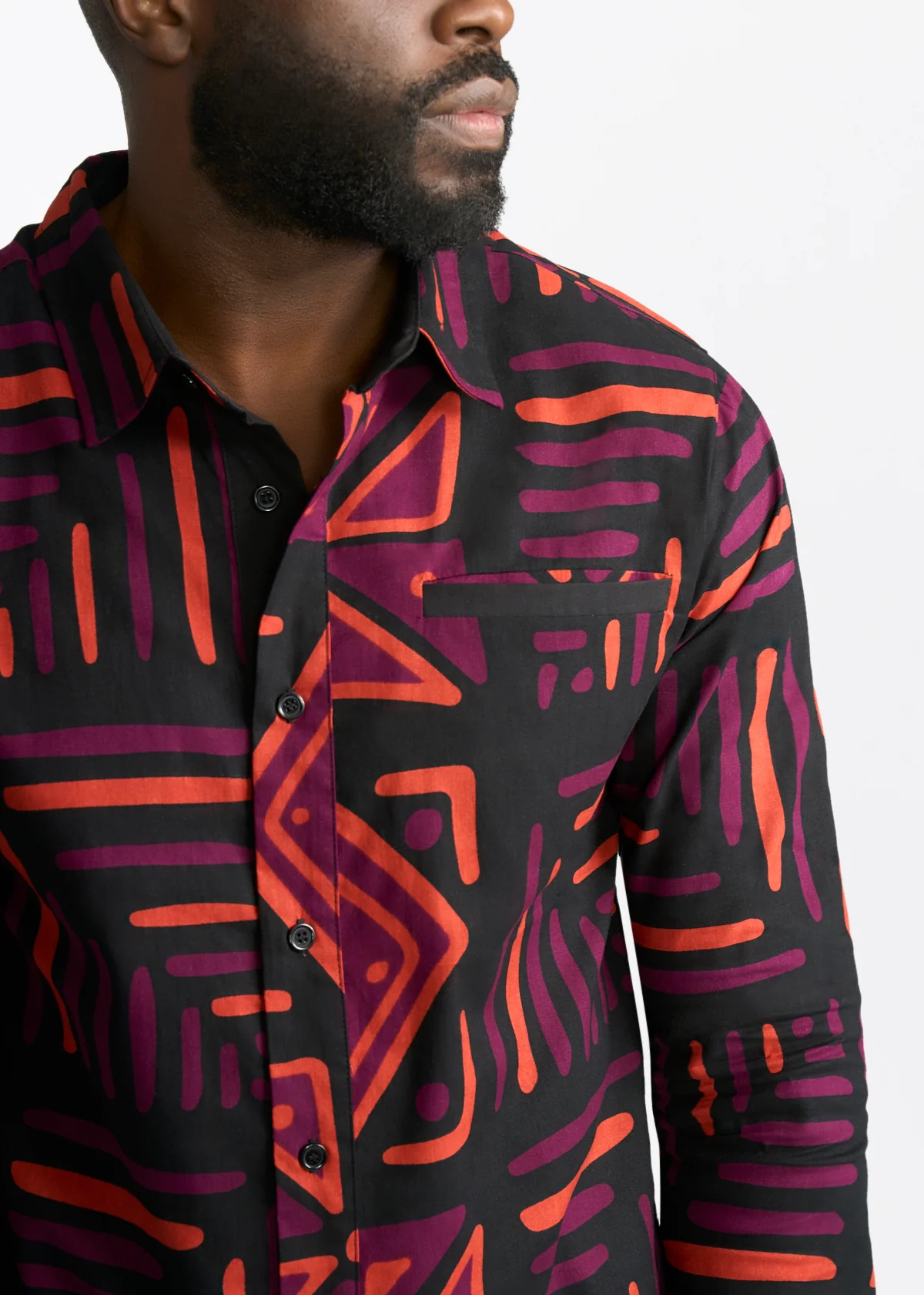 Chane Men's African Print Button-Up Shirt (Black Peach Tribal) - Image 2