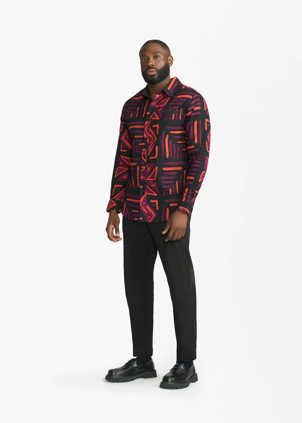 Chane Men's African Print Button-Up Shirt (Black Peach Tribal) - Image 3