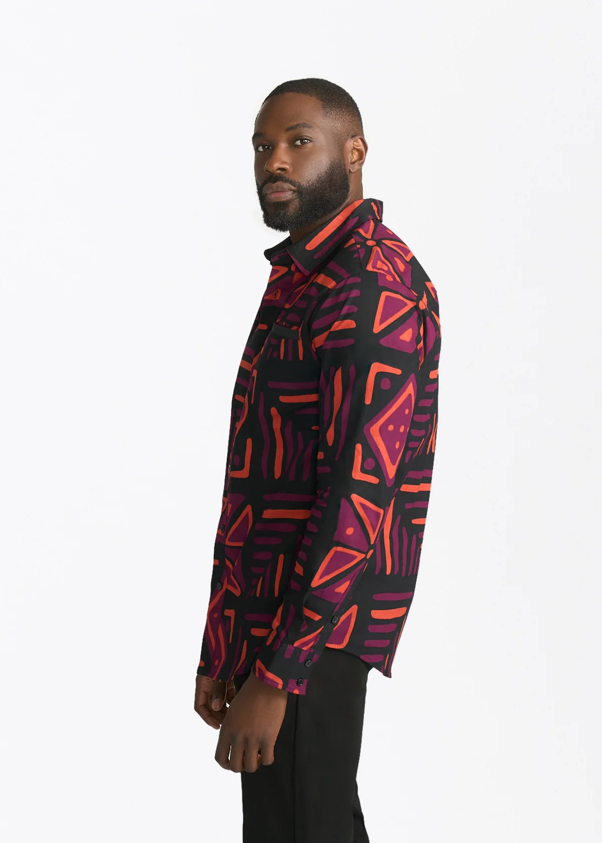Chane Men's African Print Button-Up Shirt (Black Peach Tribal) - Image 5