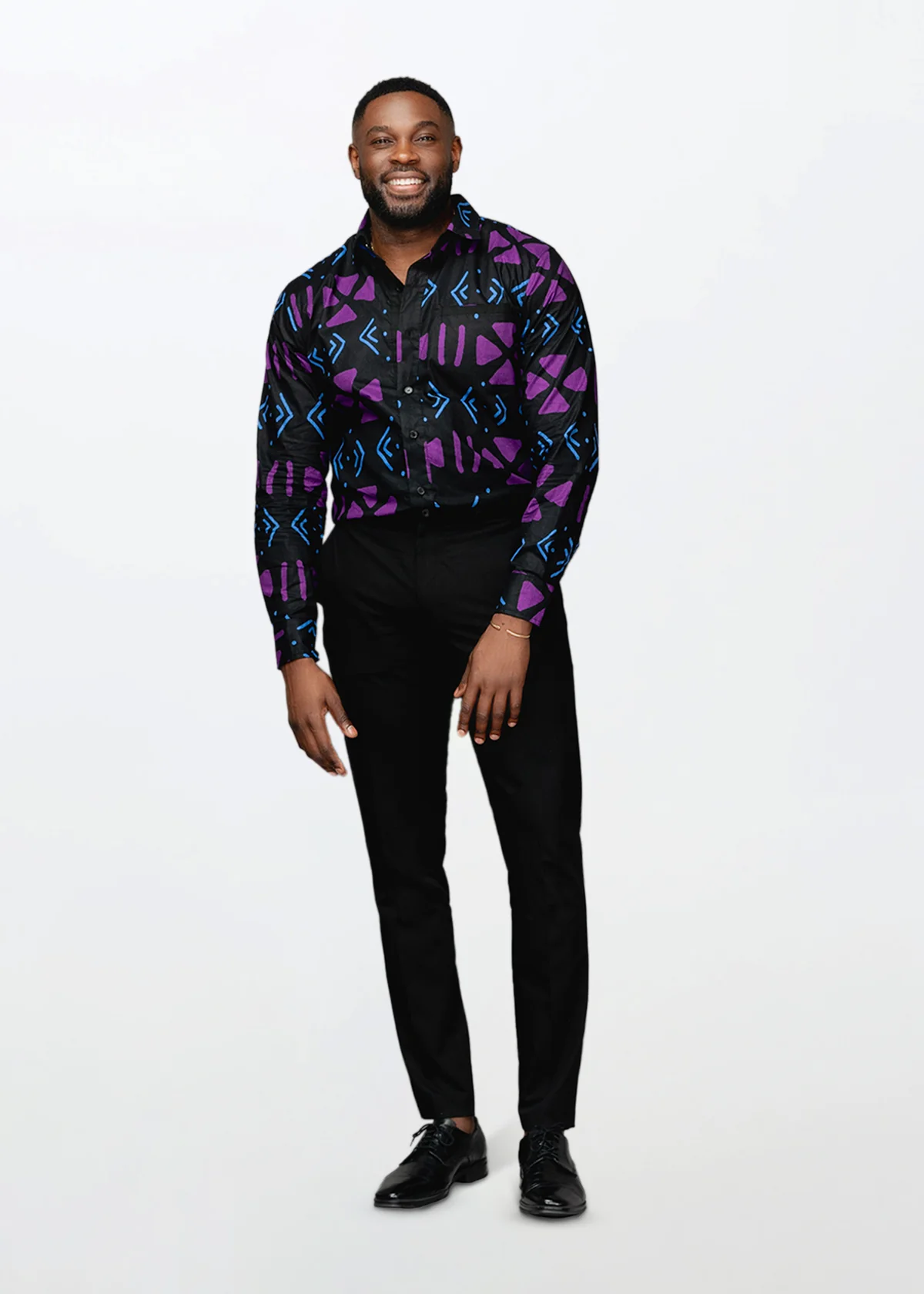 Chane Men's African Print Button-Up Shirt (Black Purple Mudcloth) - Image 4