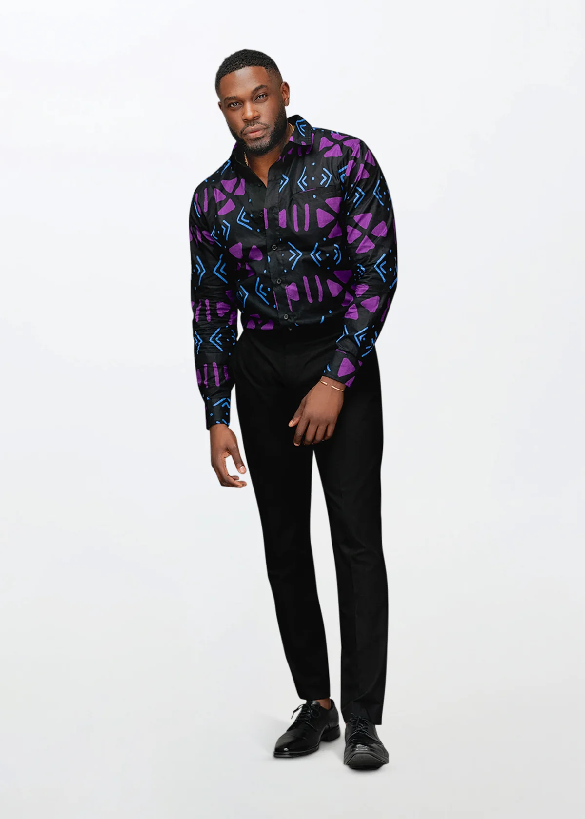 Chane Men's African Print Button-Up Shirt (Black Purple Mudcloth) - Image 5
