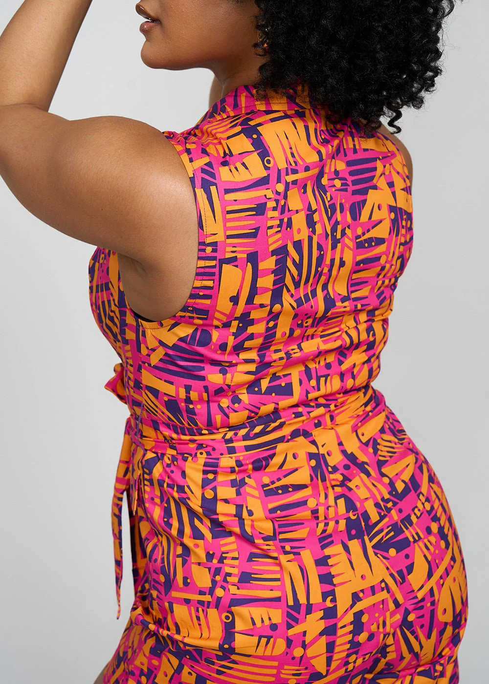 Chichima Women's African Print Blazer Romper (Orange Abstract Leaves) - Image 5