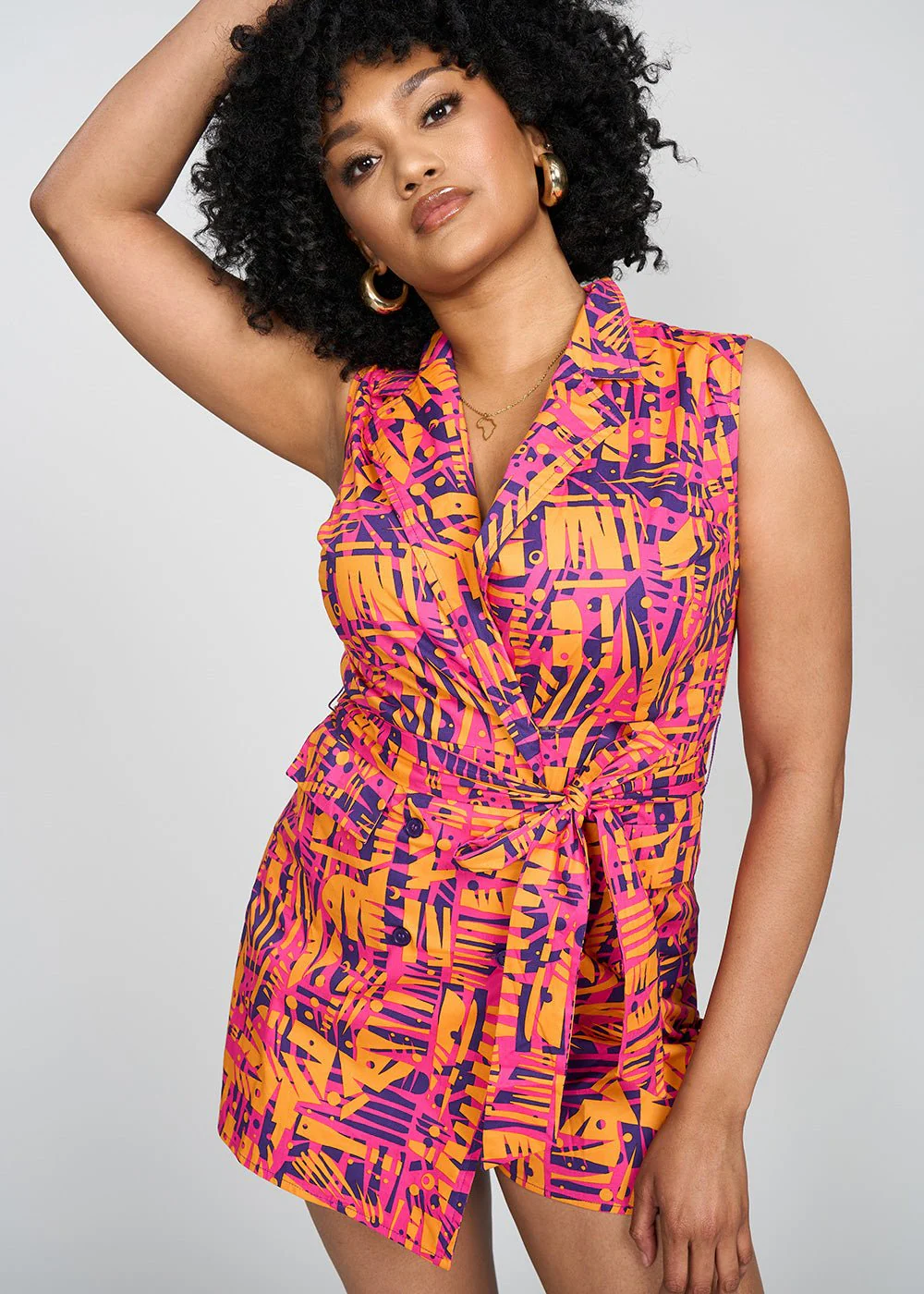Chichima Women's African Print Blazer Romper (Orange Abstract Leaves) - Image 8