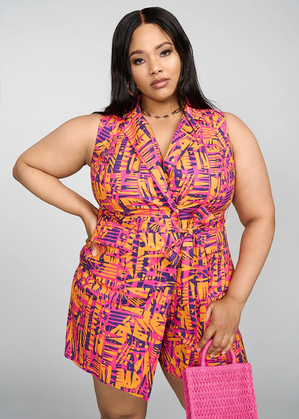 Chichima Women's African Print Blazer Romper (Orange Abstract Leaves) - Image 9