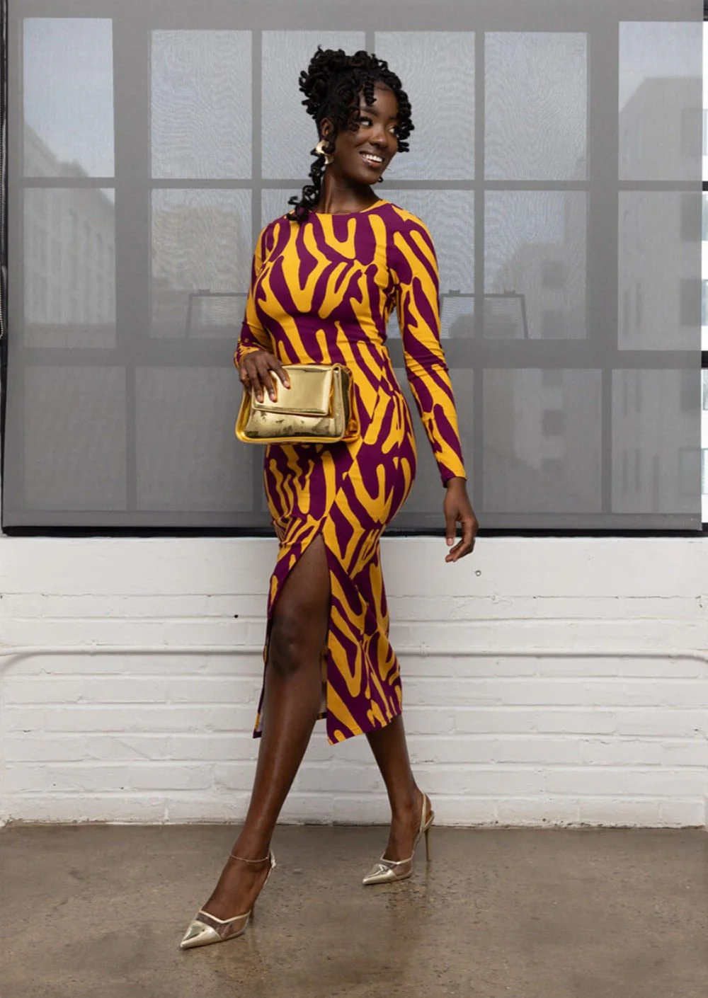 Chidima Women's African Print Stretch Midi Dress (Gold Zebra Abstract) - Image 4