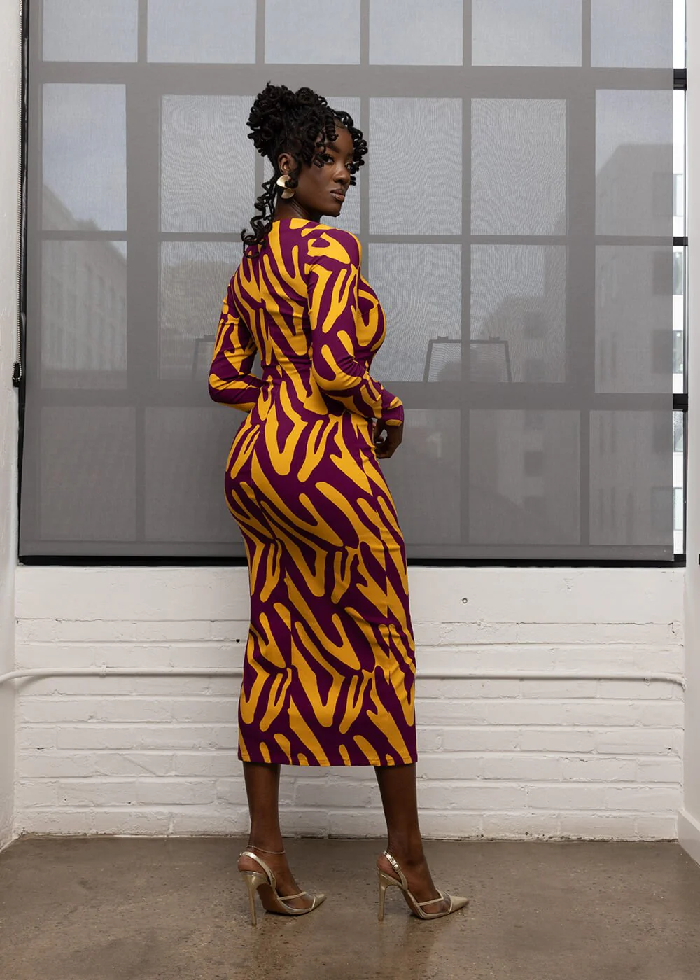 Chidima Women's African Print Stretch Midi Dress (Gold Zebra Abstract) - Image 5