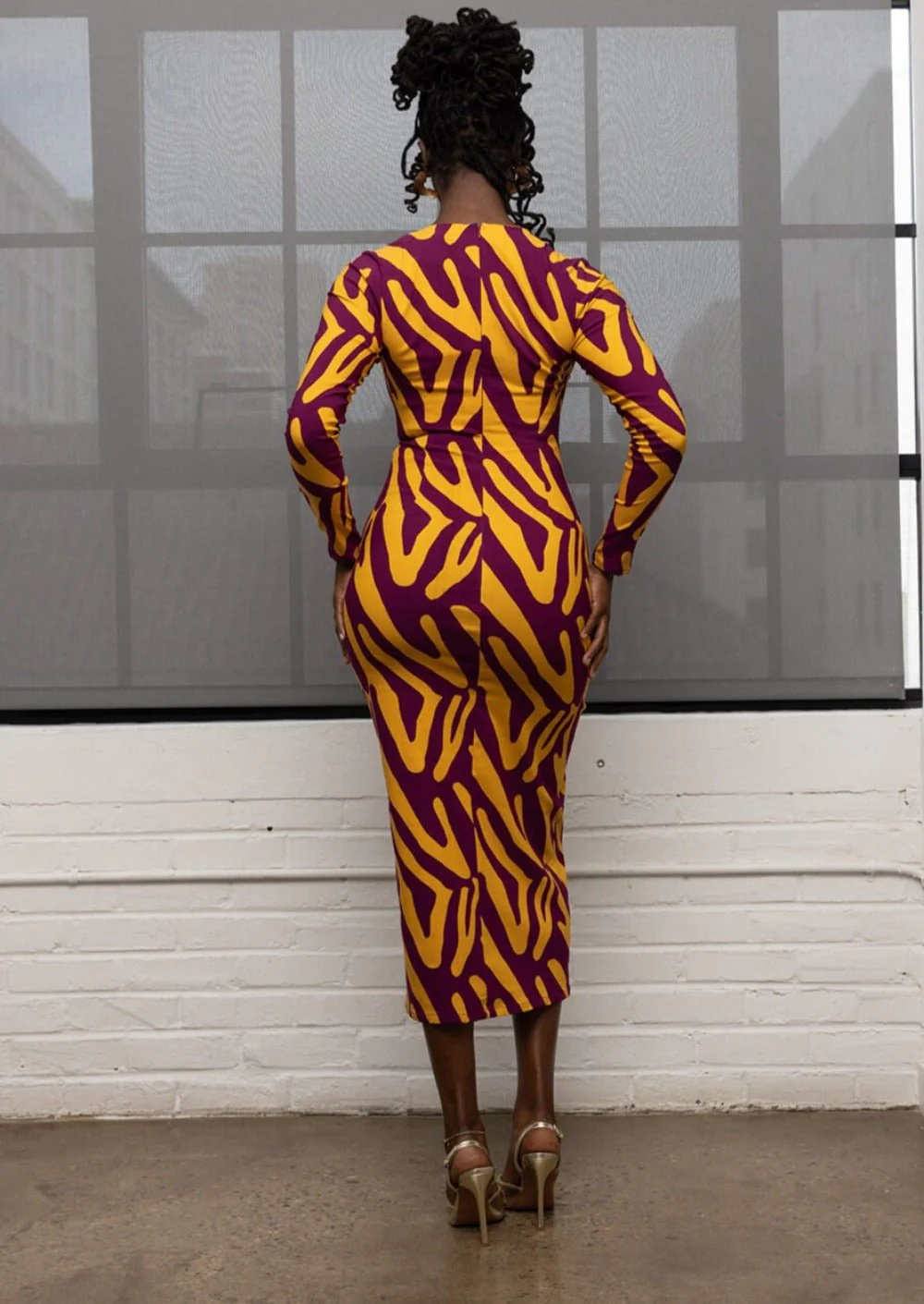 Chidima Women's African Print Stretch Midi Dress (Gold Zebra Abstract) - Image 6