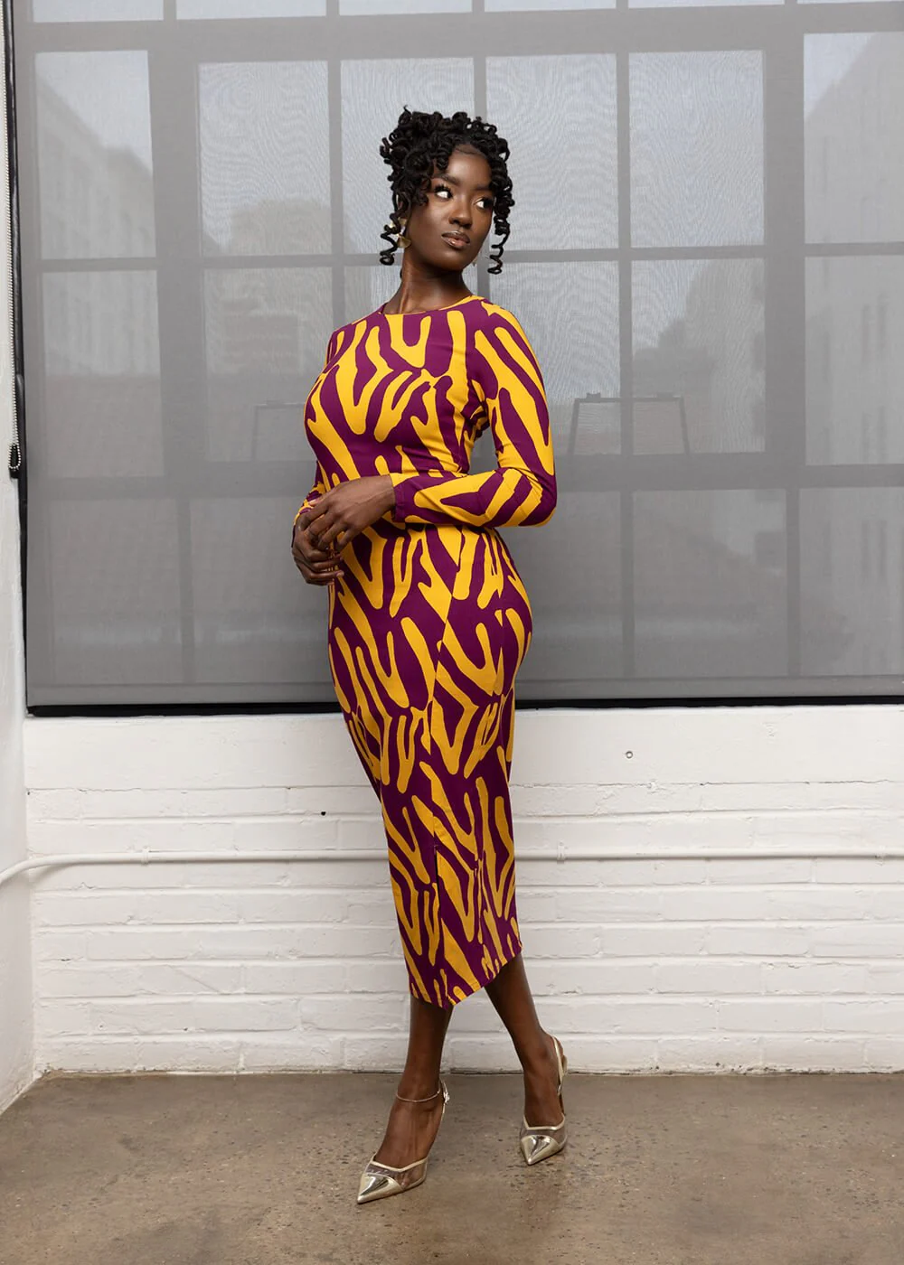 Chidima Women's African Print Stretch Midi Dress (Gold Zebra Abstract) - Image 8