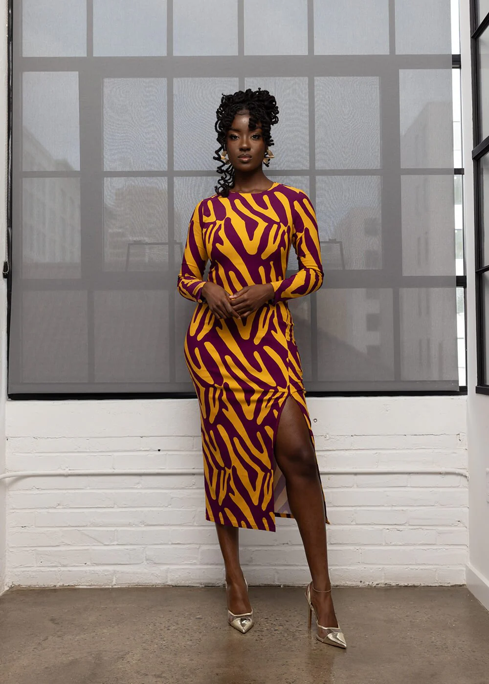 Chidima Women's African Print Stretch Midi Dress (Gold Zebra Abstract) - Image 9