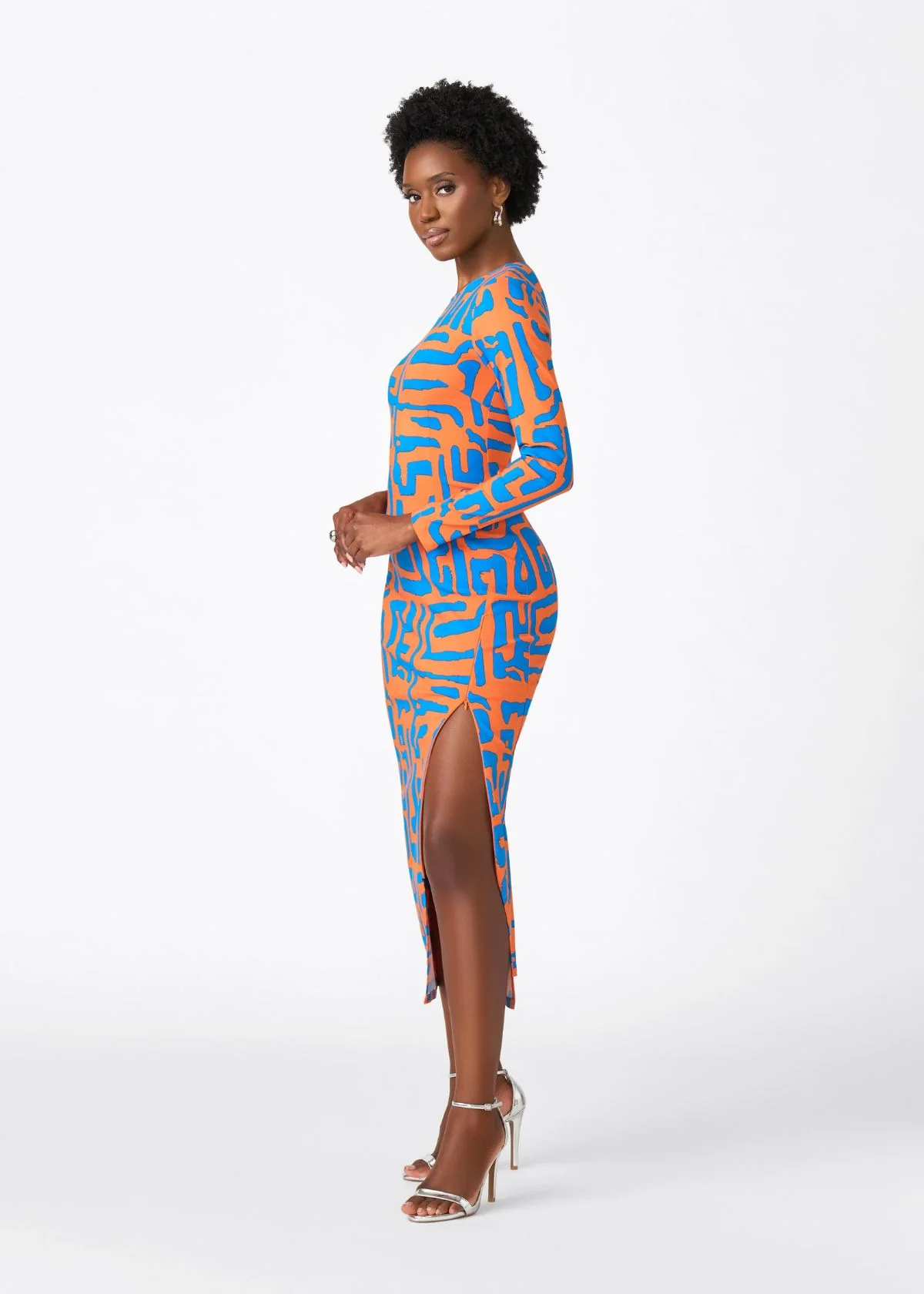 Chidima Women's African Print Stretch Midi Dress (Orange Blue Geometric) - Image 3