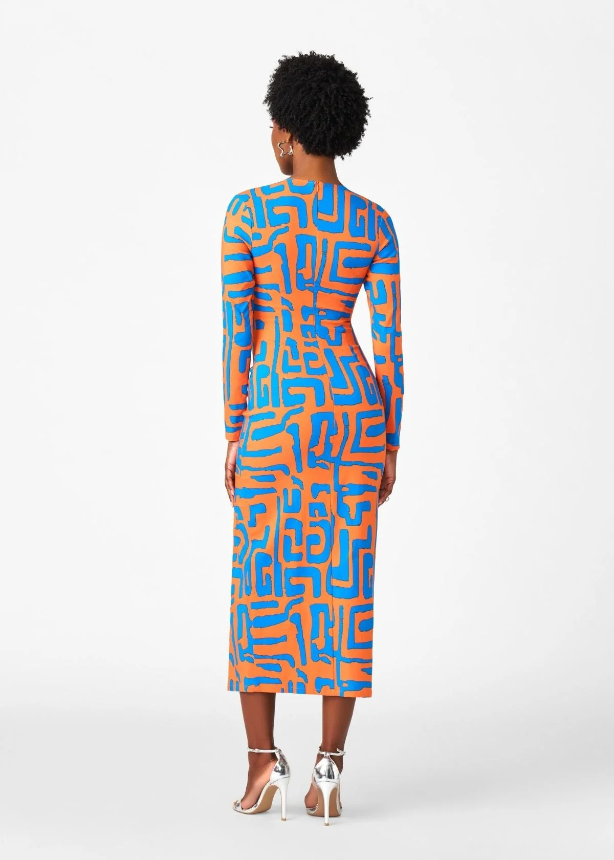 Chidima Women's African Print Stretch Midi Dress (Orange Blue Geometric) - Image 5
