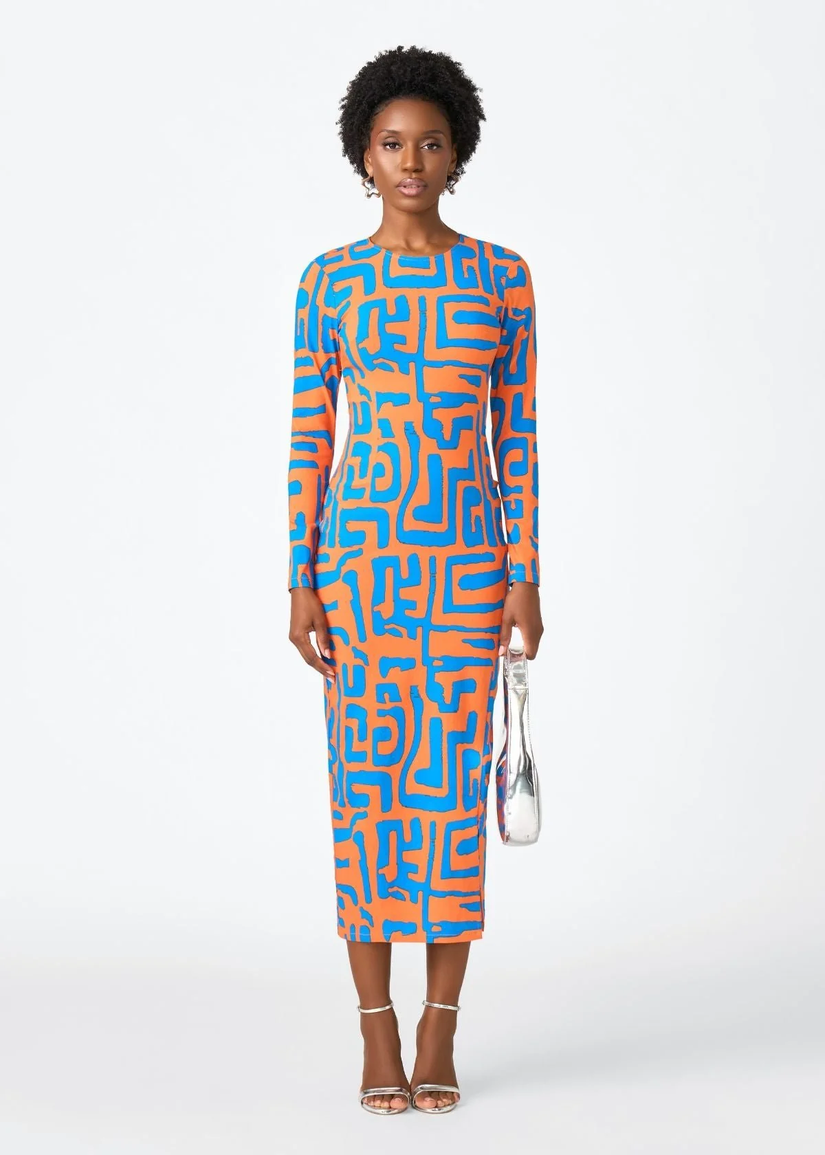 Chidima Women's African Print Stretch Midi Dress (Orange Blue Geometric) - Image 7