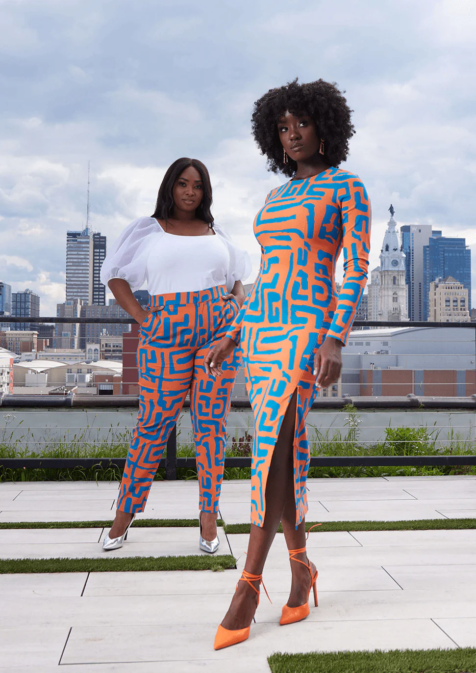 Chidima Women's African Print Stretch Midi Dress (Orange Blue Geometric) - Image 9