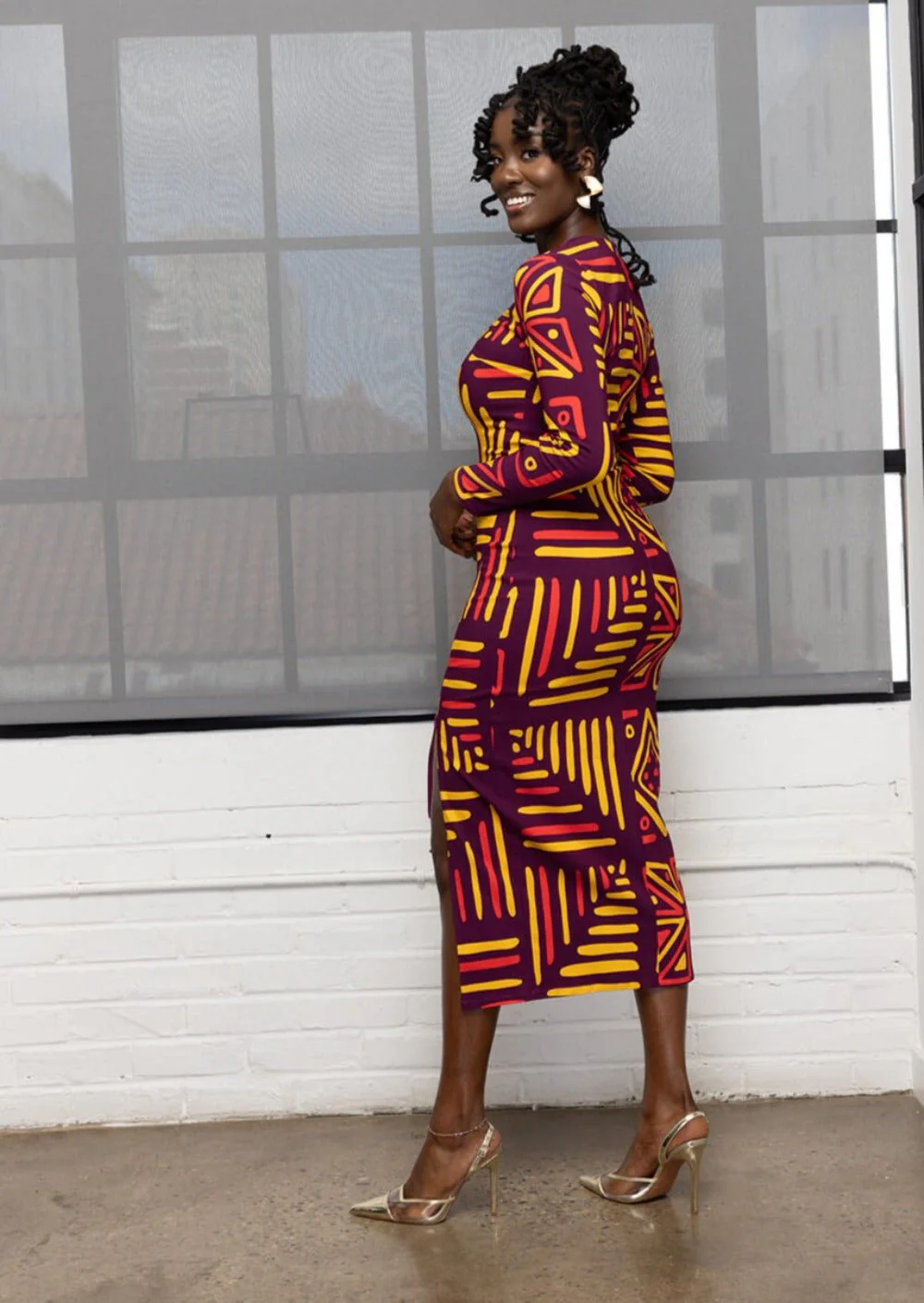 Chidima Women's African Print Stretch Midi Dress (Plum Gold Tribal) - Image 3